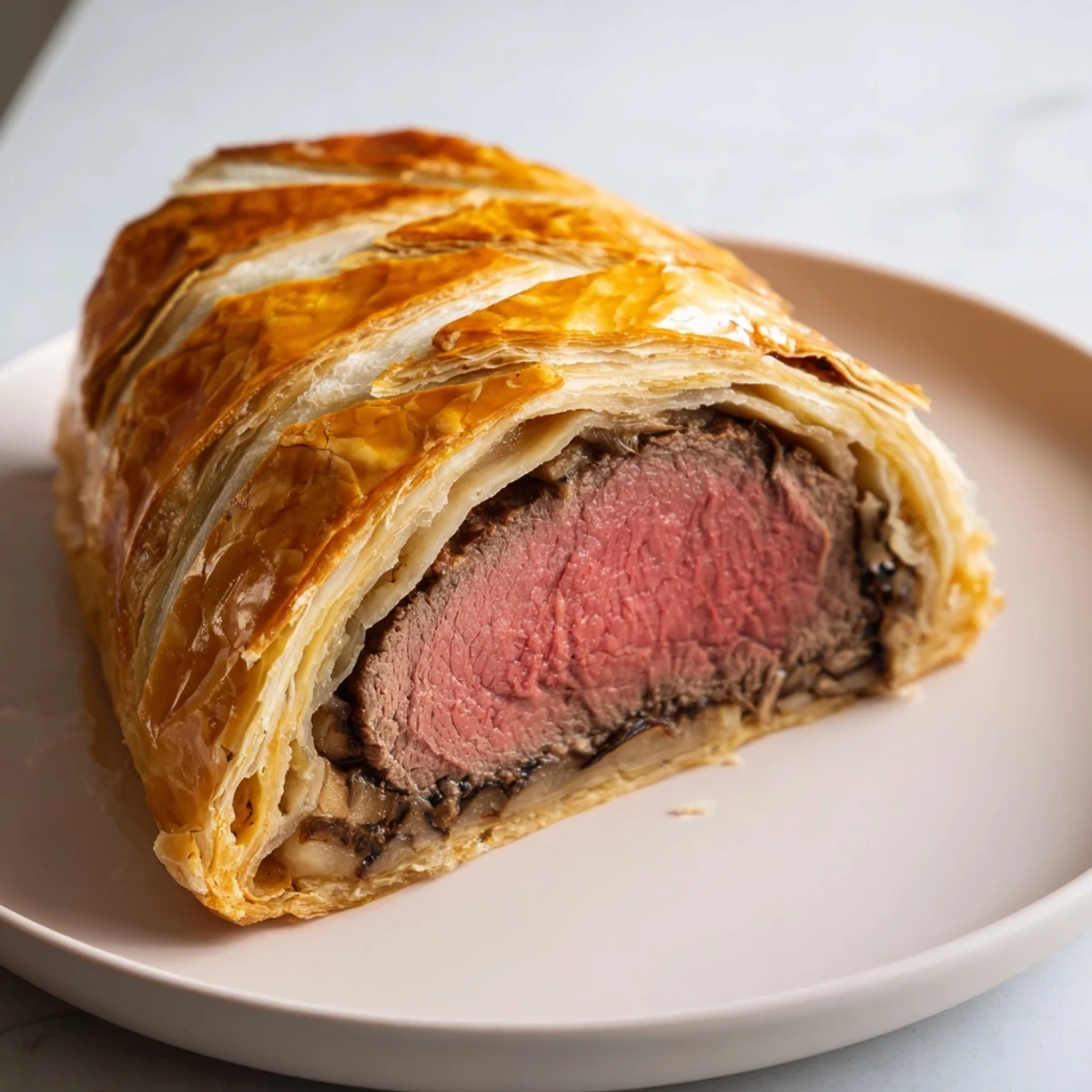 Perfectly baked Beef Wellington with Mushroom Duxelles served on a white platter, paired with roasted green beans and a glass of red wine.