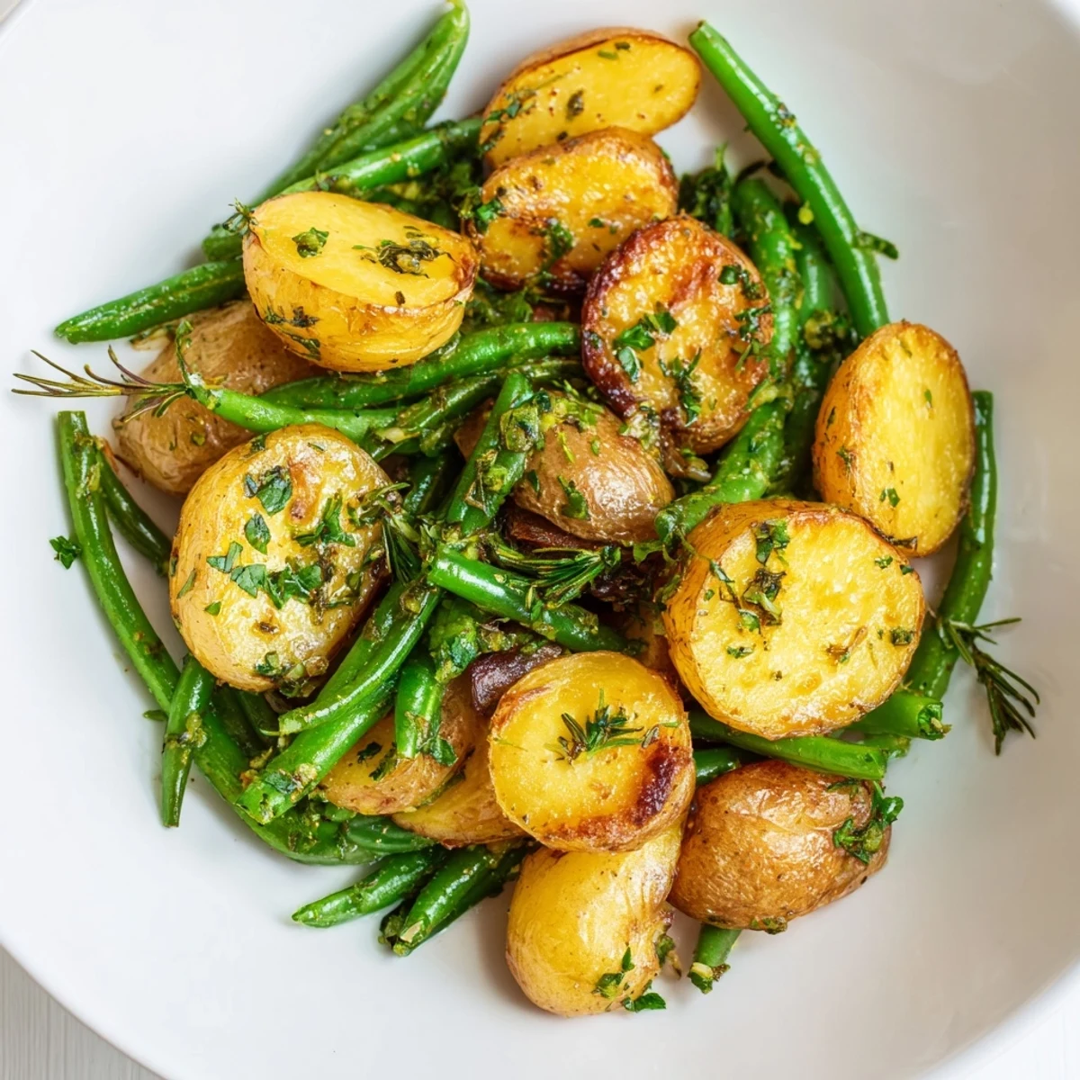 A close-up of roasted potatoes and green beans tossed with garlic, parsley, and thyme, steaming on a rustic platter for a side dish.