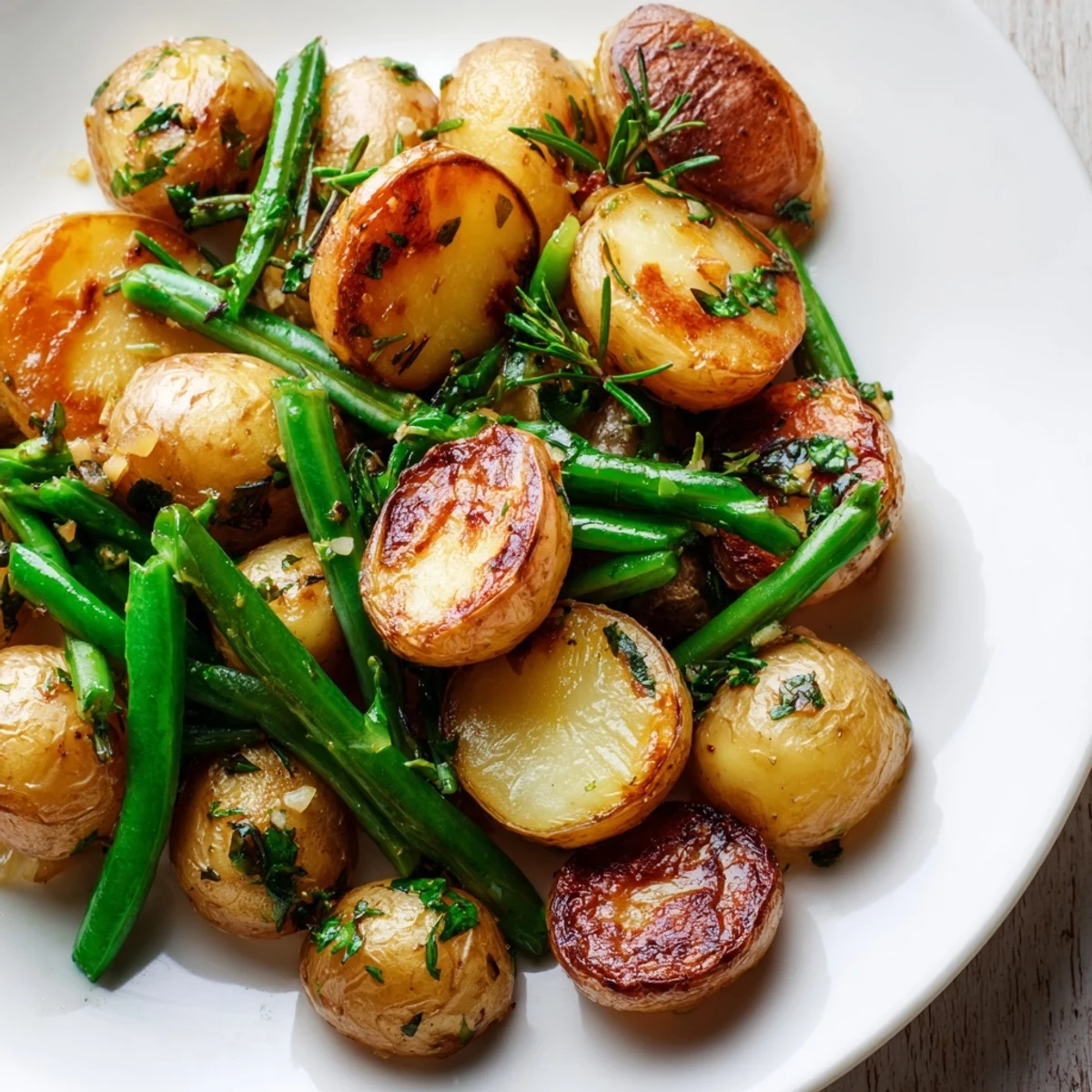 Freshly baked Garlic Herb Roasted Potatoes and Green Beans with olive oil glistening, served hot alongside a main course at a family dinner.