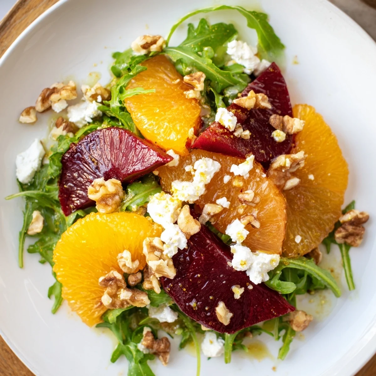Vibrant roasted beet wedges and juicy citrus segments atop peppery arugula, tossed in a zesty vinaigrette for a refreshing vegetarian salad.  