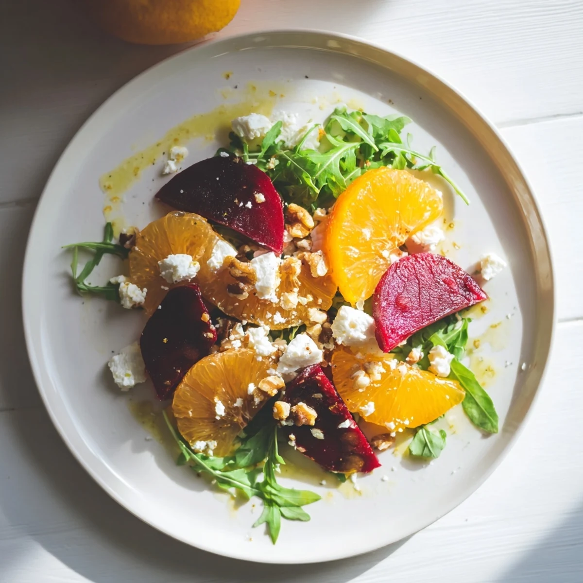 Colorful platter of roasted beet and citrus salad with crumbled goat cheese and toasted walnuts, ideal as a light, gluten-free main course.  