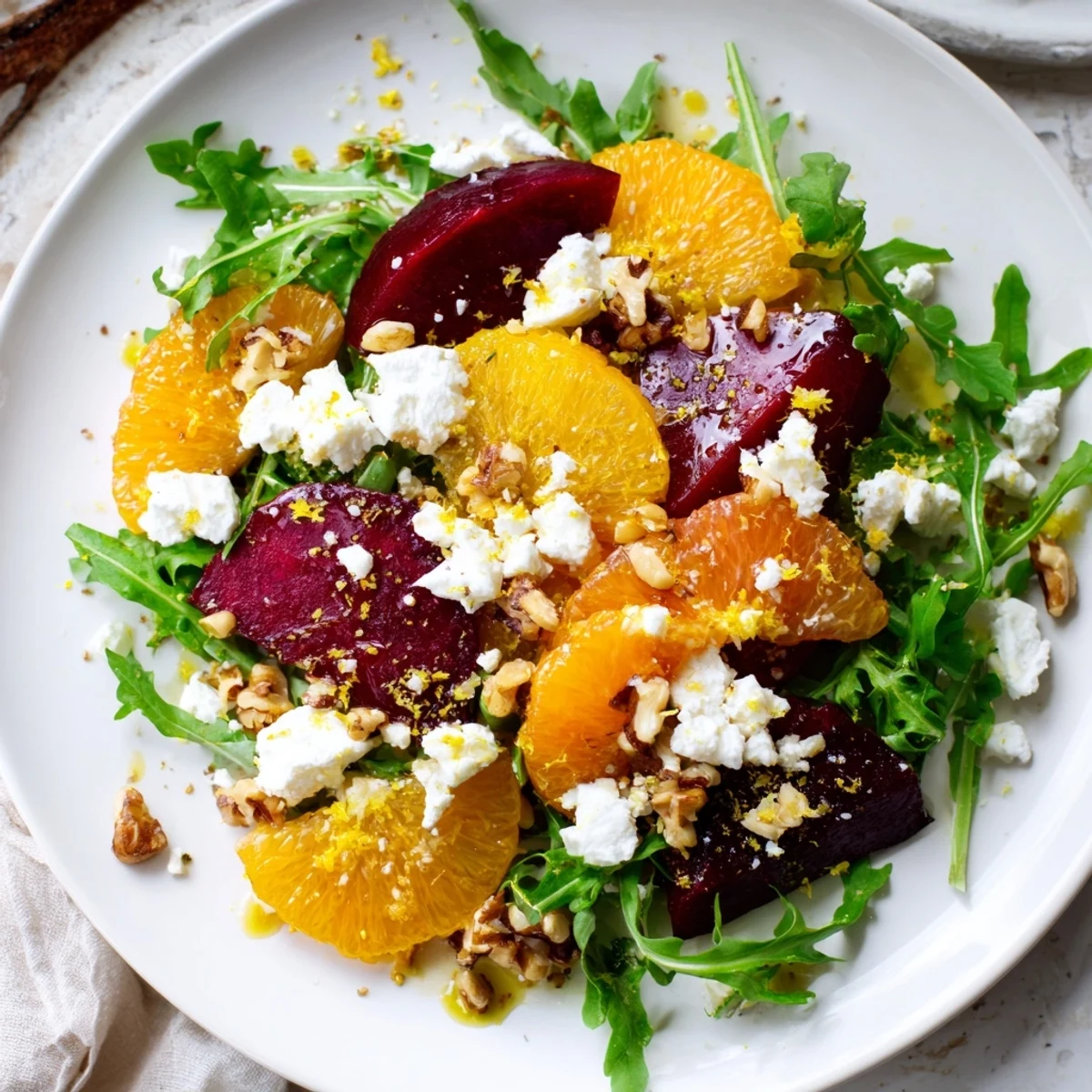 Fresh arugula greens with sweet roasted beets and bright orange slices, drizzled with a honey-Dijon vinaigrette and sprinkled with goat cheese.