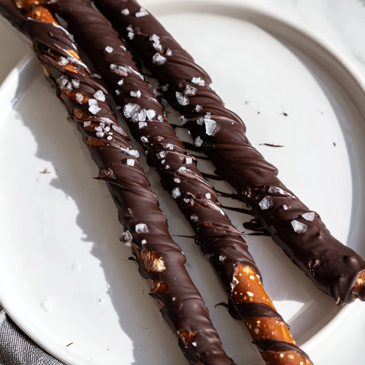 The finished Chocolate Dipped Pretzels with Sea Salt arranged on a plate, showing the glossy dark chocolate coating and sparkling salt crystals for a crunchy texture.