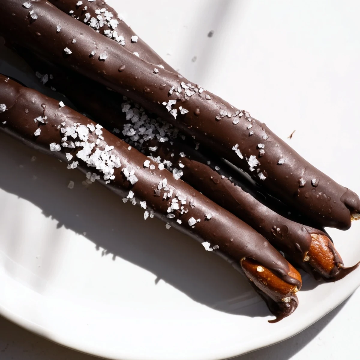 A close-up of a single Chocolate Dipped Pretzel with Sea Salt, highlighting the rich dark chocolate layer and the artisanal flaky salt on top.
