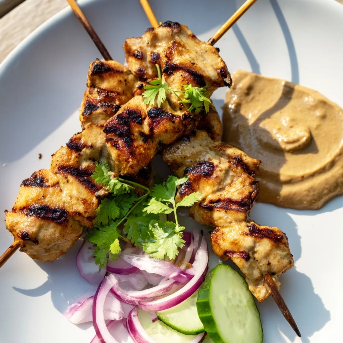 Golden-brown Chicken Satay Skewers with Peanut Sauce resting beside a small bowl of creamy sauce and sliced red onion.
