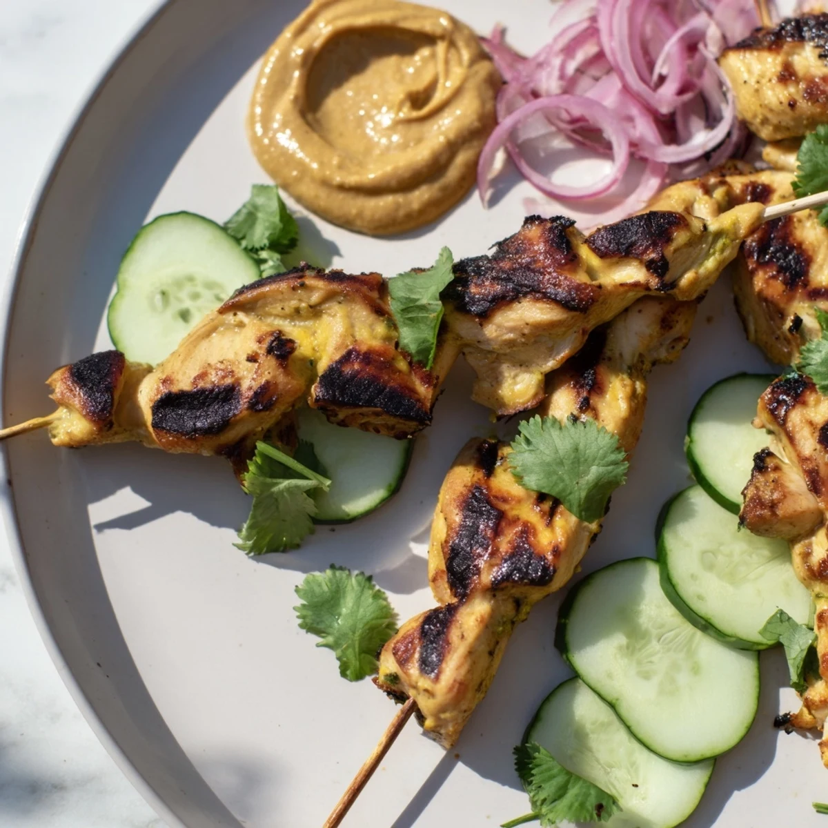Juicy grilled Chicken Satay Skewers with Peanut Sauce served with fresh cucumber and lime wedges on a wooden board.
