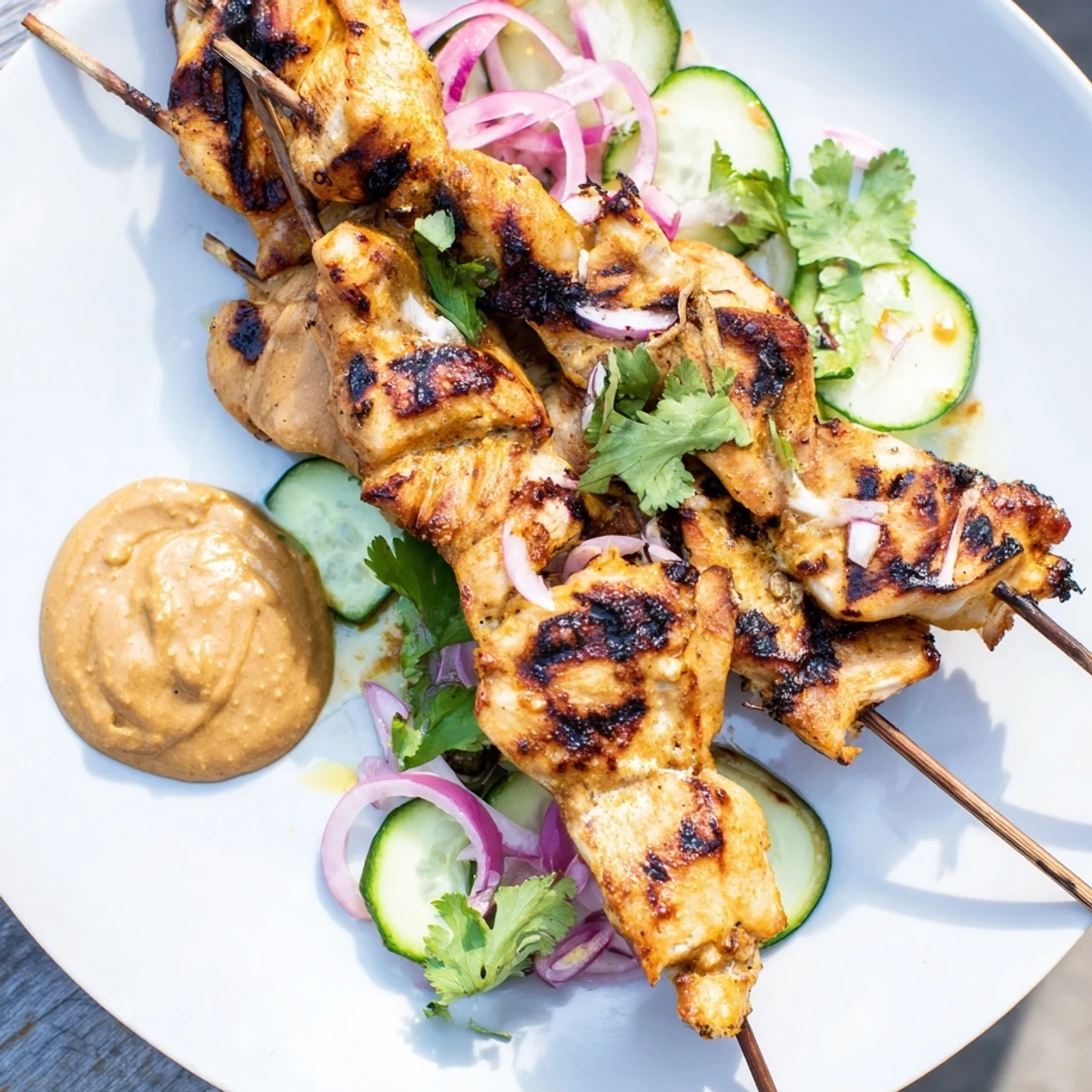 Sizzling Chicken Satay Skewers with Peanut Sauce on a platter, garnished with cilantro and ready to be enjoyed.