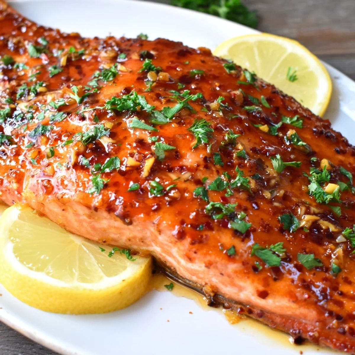 Glistening fillets of Baked Salmon with Honey Garlic Glaze topped with fresh parsley on a white plate.