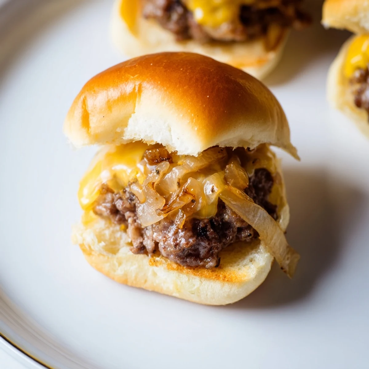 Homemade mini burgers featuring savory ground beef patties with sweet onions and cheddar, ready to serve.