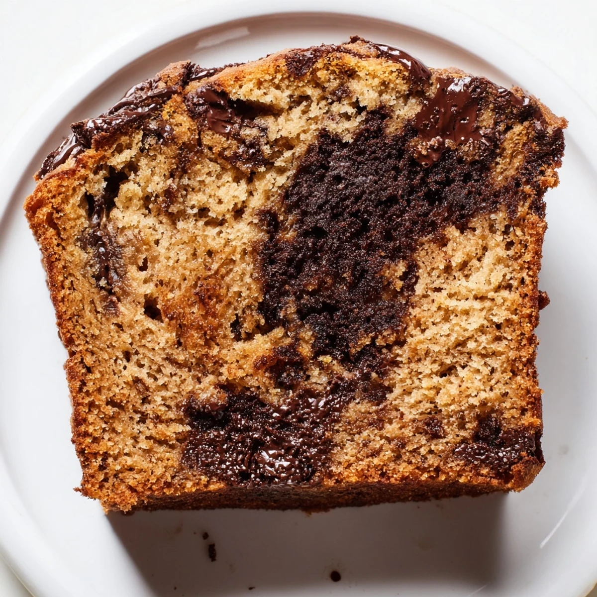 A close-up slice of moist Chocolate Chip Banana Bread reveals tender crumb and gooey chocolate pools, perfect for afternoon tea or dessert gatherings.