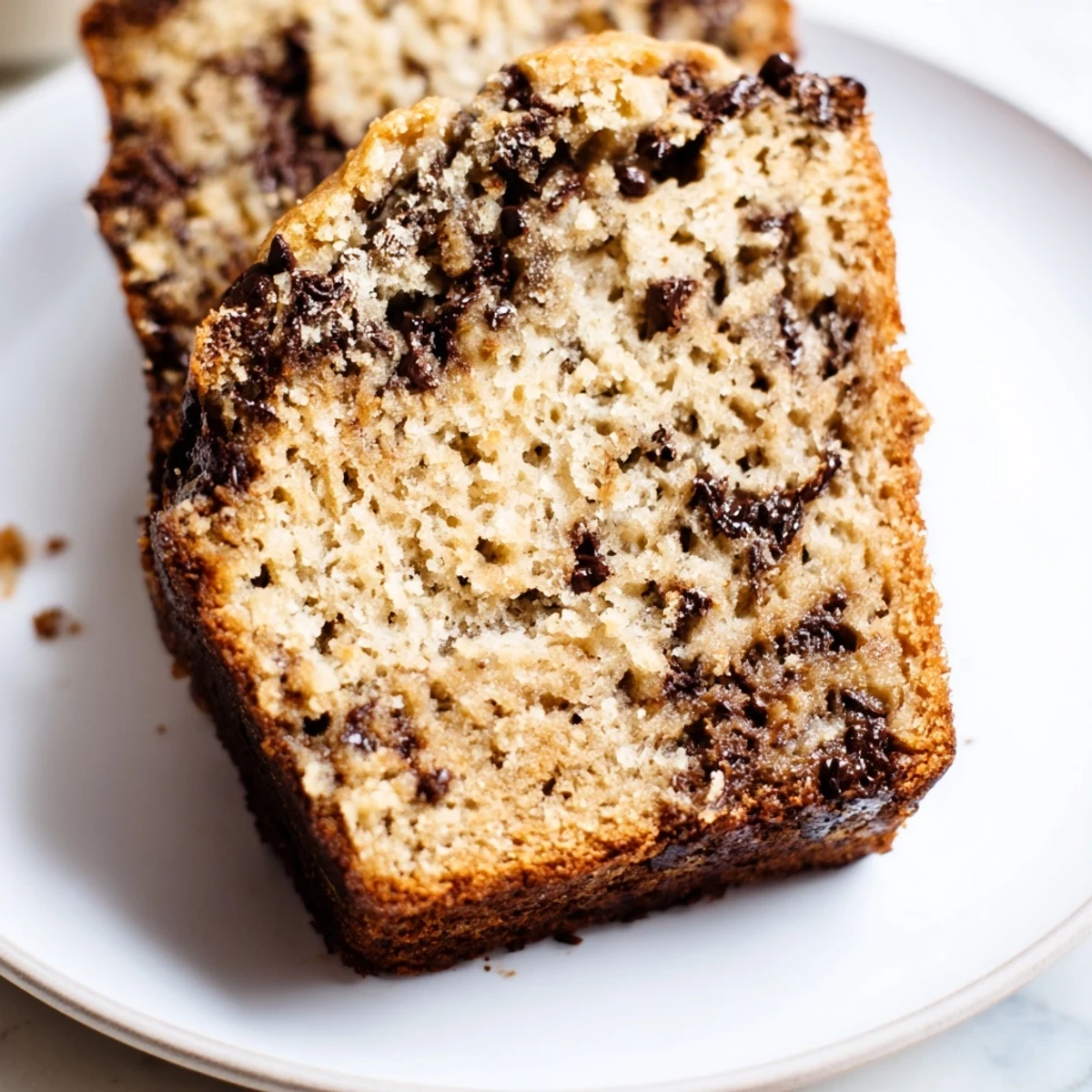 Freshly baked Chocolate Chip Banana Bread loaf with melted chocolate chips on top, served on a rustic wooden cutting board for a cozy breakfast or snack.