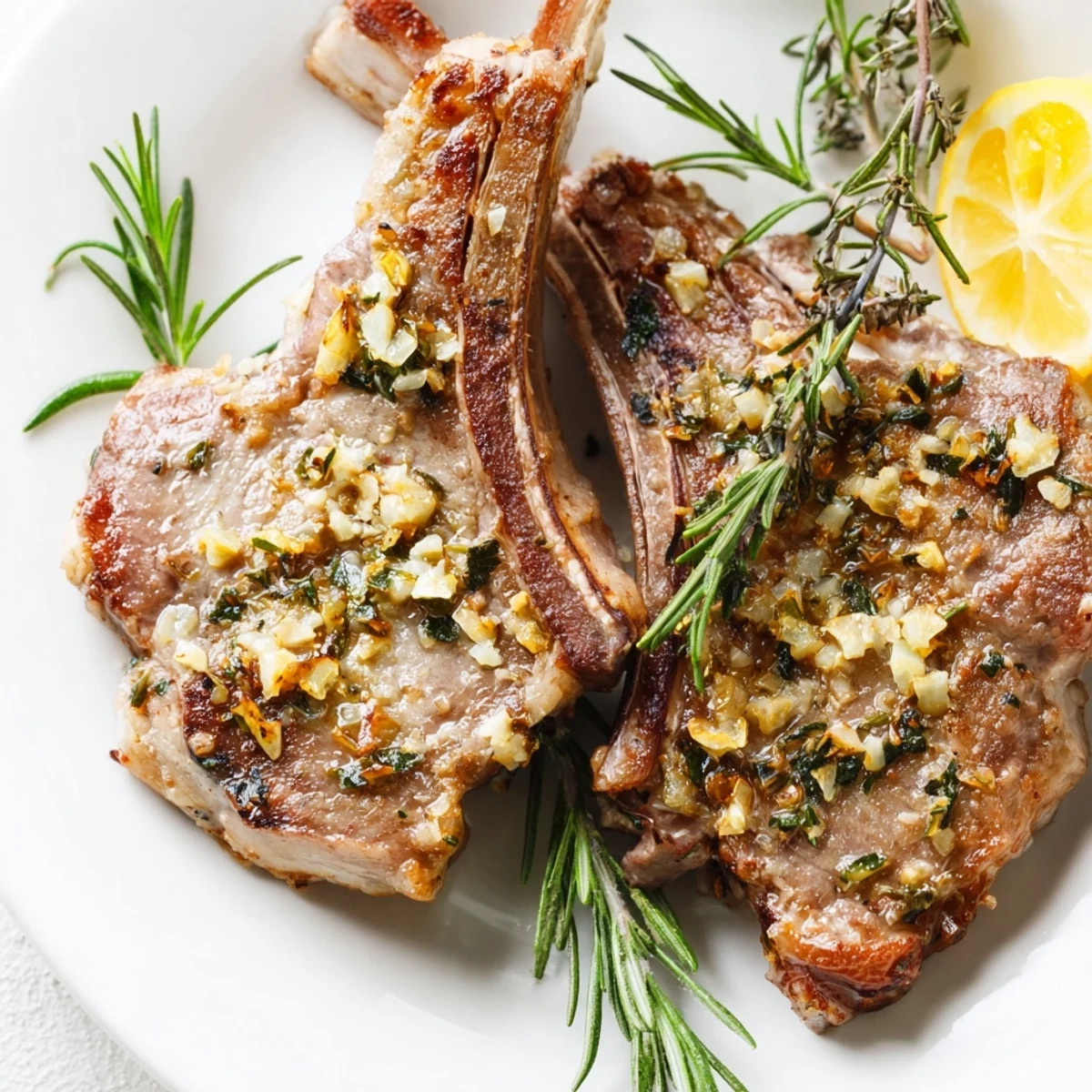 Golden-brown roasted lamb chops with garlic and rosemary garnished with lemon wedges on a rustic wooden board.