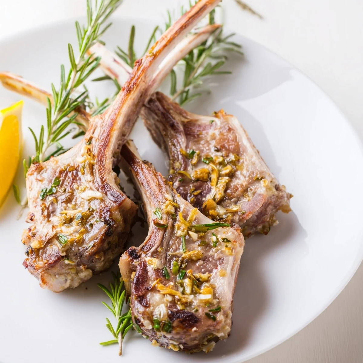 Plated Mediterranean Roasted Lamb Chops with Garlic beside roasted potatoes and a fresh green salad, ready to serve.