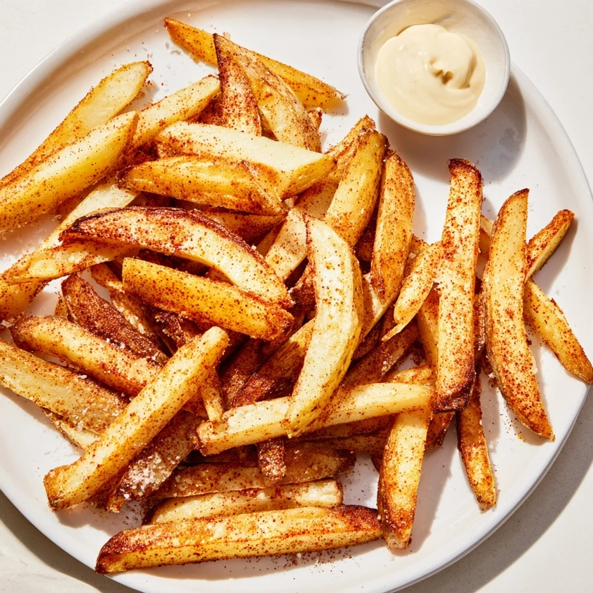Cajun Spiced Fries with Spicy Mayo arranged on a rustic plate with lemon wedges.