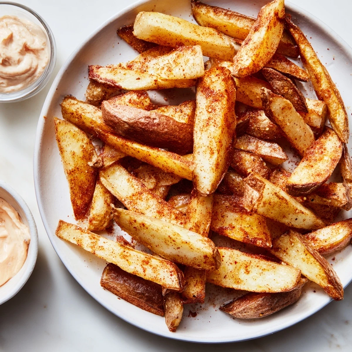 Golden brown Cajun Spiced Fries with Spicy Mayo dip beside fresh parsley garnish.