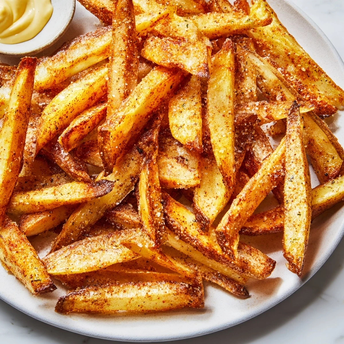 Oven-baked Cajun Spiced Fries with Spicy Mayo served hot for a game day snack.