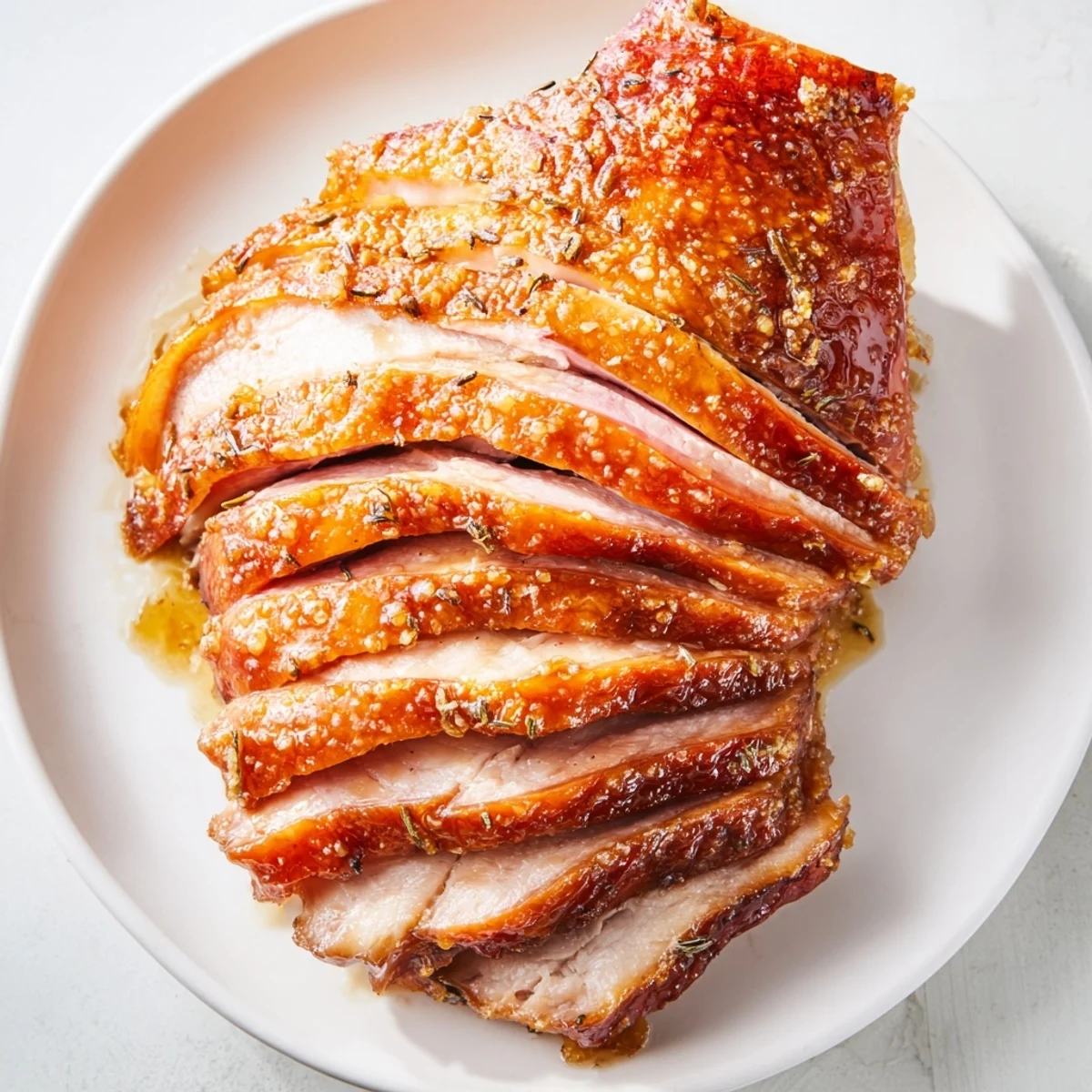 Golden-brown Easter Turkey Ham Roast glistening with a honey-Dijon glaze, resting on a platter with fresh thyme and rosemary sprigs.