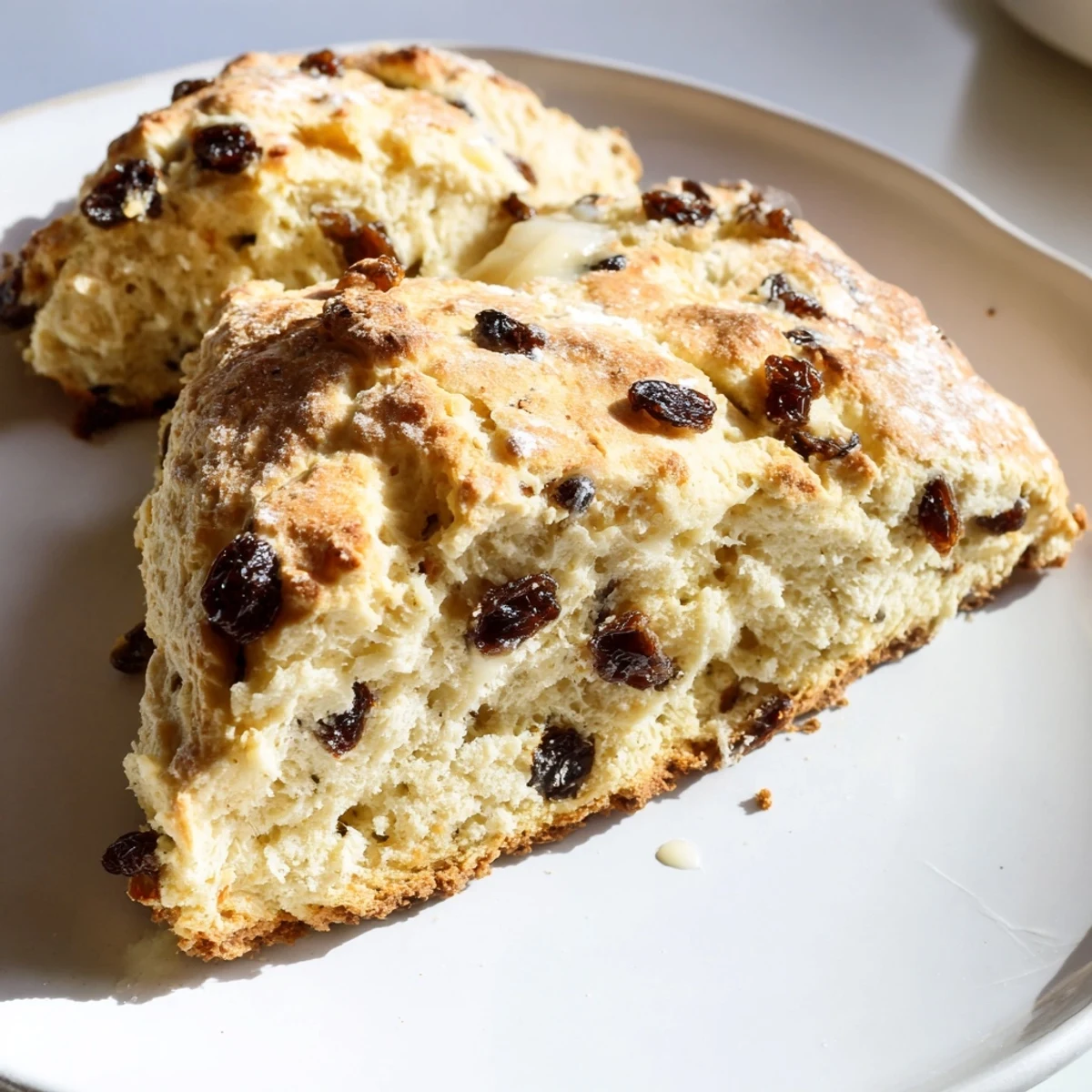 Golden-brown Irish Soda Bread Scones with Currants cooling on a wire rack, studded with sweet dried fruit and ready for breakfast.  