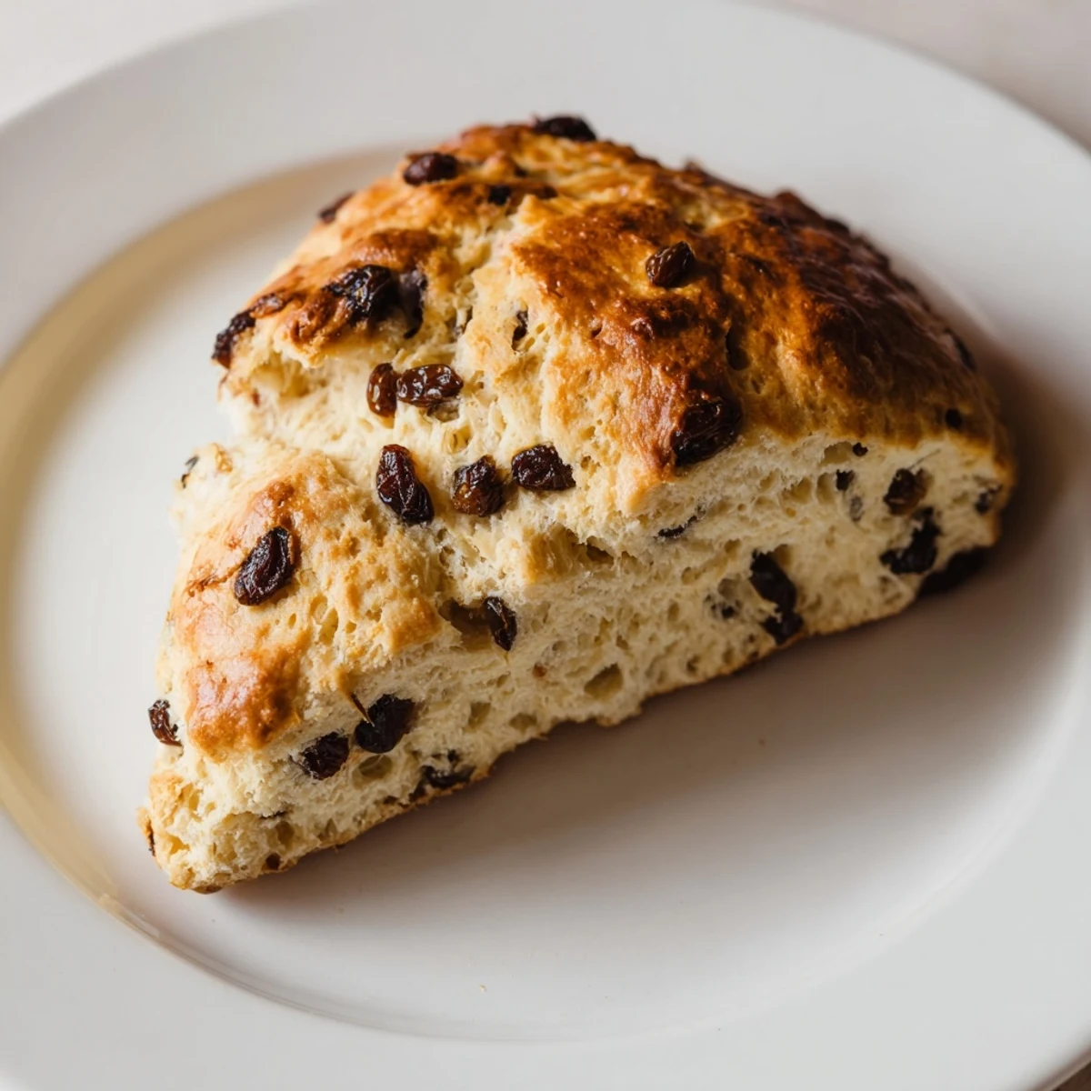 Homemade Irish Soda Bread Scones with Currants on a rustic wooden board, dusted with flour and served warm with Irish butter.