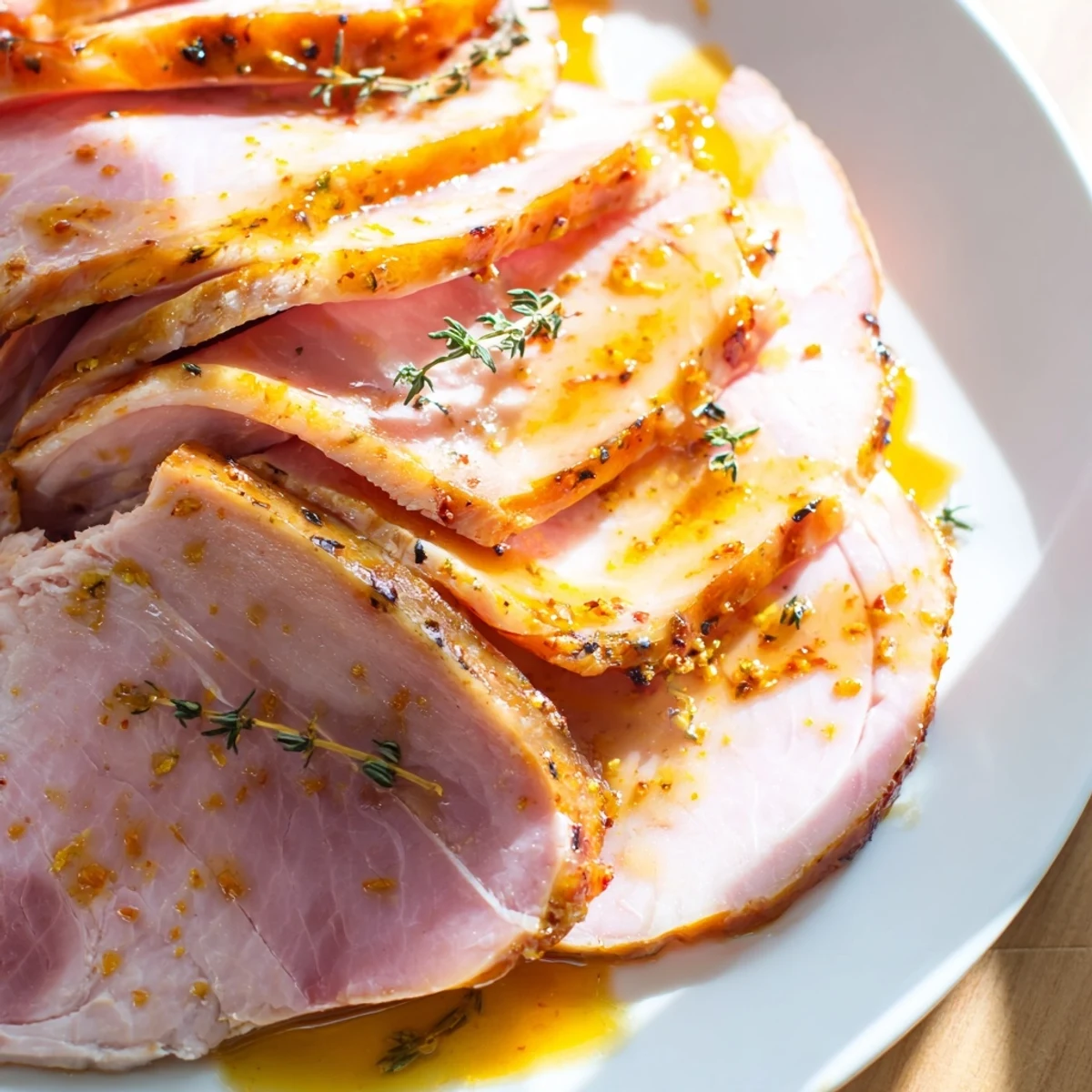 Sliced Easter Turkey Ham Roast with Glaze showing tender meat with a sweet and tangy honey-mustard coating.