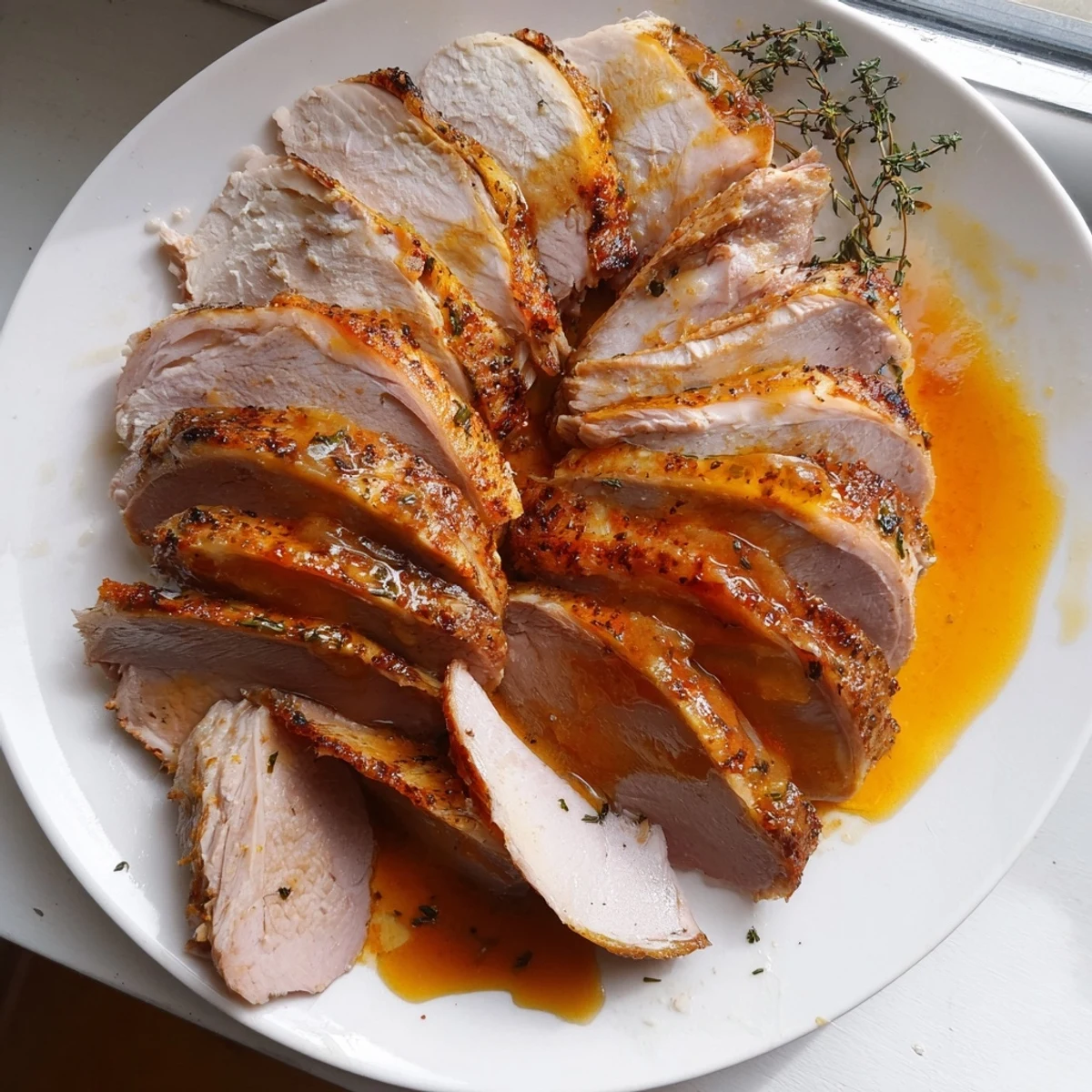 Festive Easter Turkey Ham Roast with Glaze ready to serve, accompanied by roasted spring vegetables on a decorative plate.