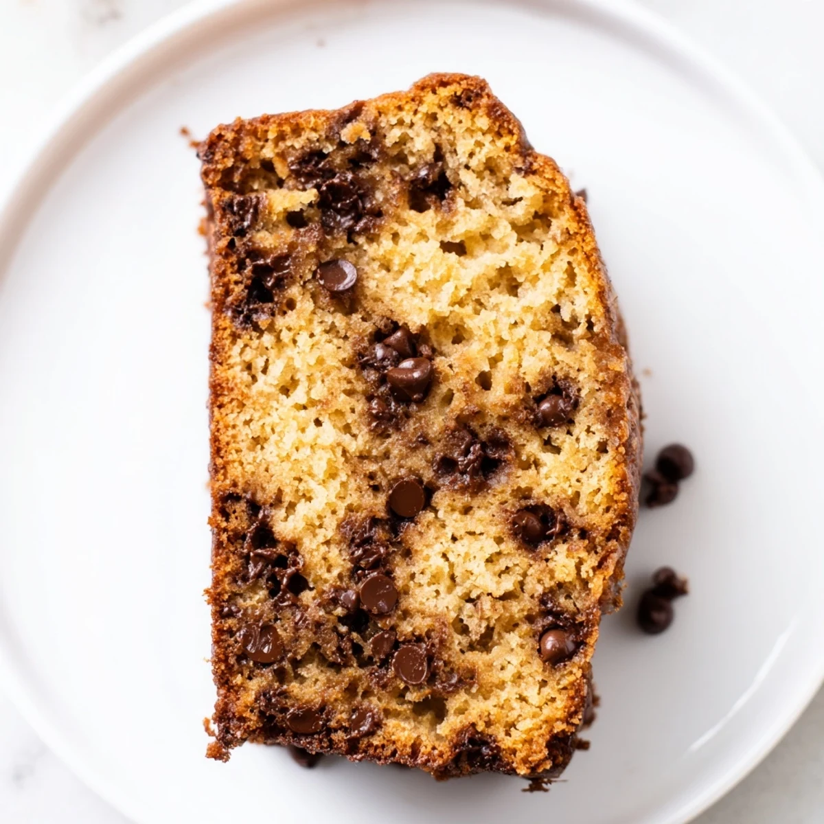 Freshly baked Chocolate Chip Banana Bread Loaf with melted chocolate chips on a warm slice served on a rustic wooden board.