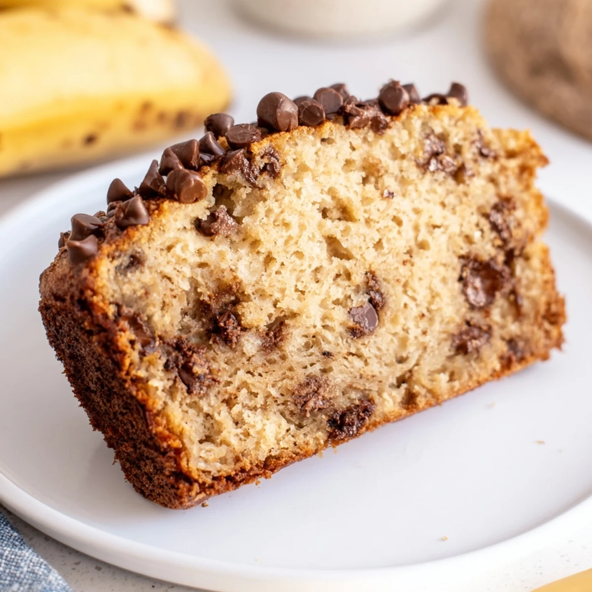 Sliced Chocolate Chip Banana Bread Loaf revealing moist interior and rich chocolate chips, ideal for breakfast or afternoon snack.