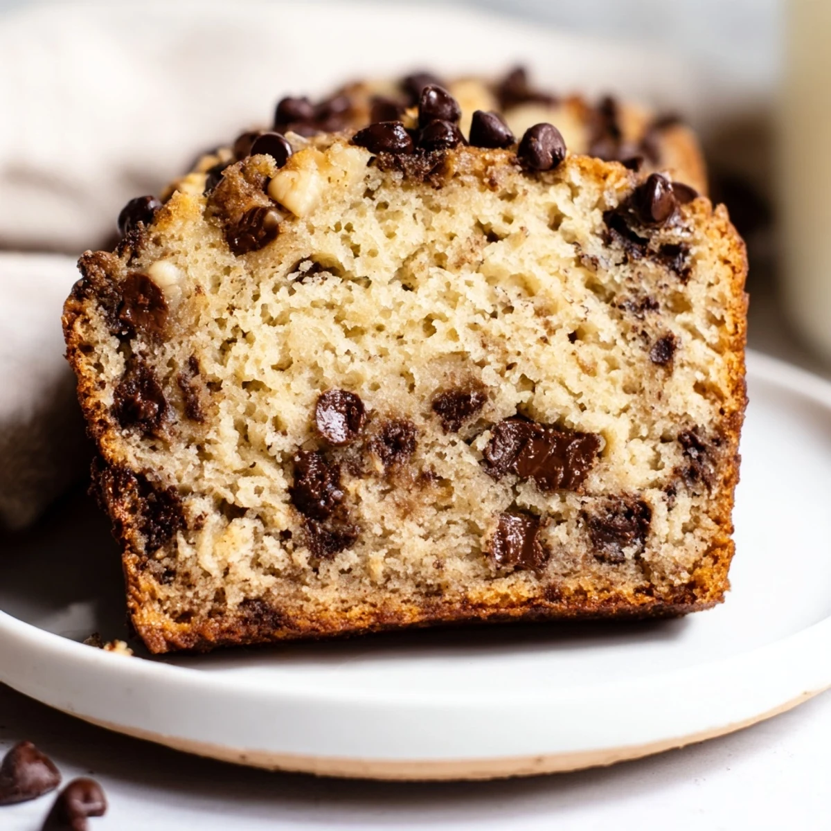 Moist Chocolate Chip Banana Bread Loaf loaf on cooling rack with banana slices and chocolate chips for garnish.
