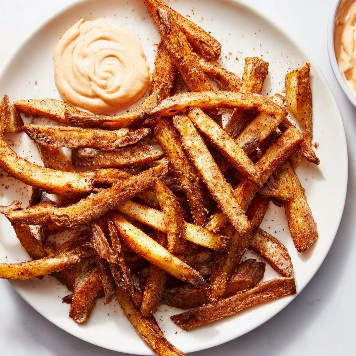 Golden, crispy Cajun Spiced Fries with Spicy Mayo arranged on a plate with dipping sauce.
