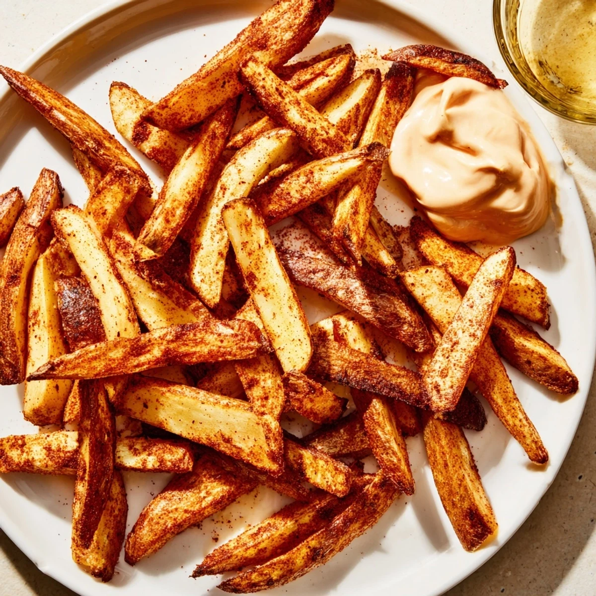 Cajun Spiced Fries with Spicy Mayo served hot from the oven alongside a creamy dip.
