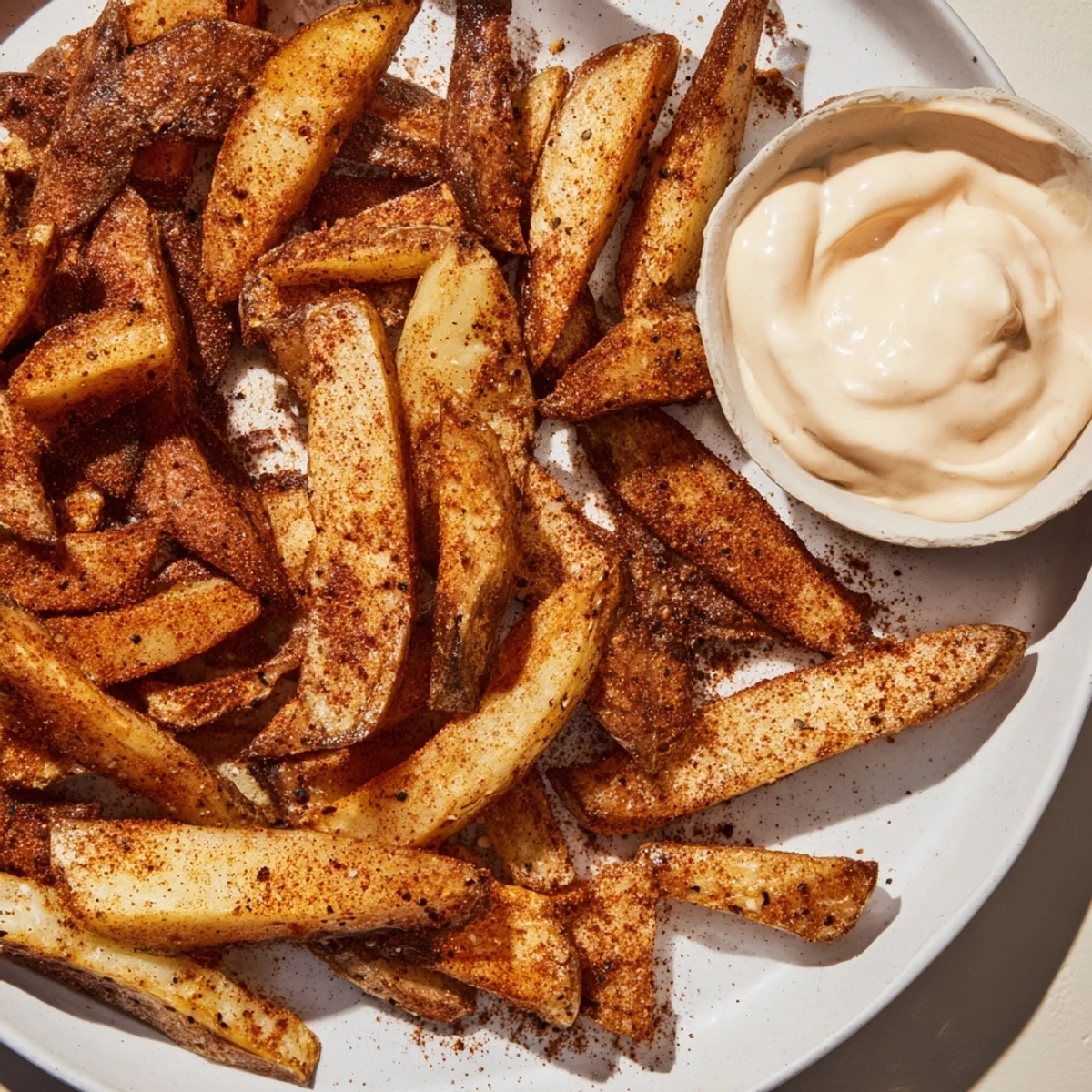 Close-up of seasoned Cajun Spiced Fries with Spicy Mayo for an appetizer or side dish.