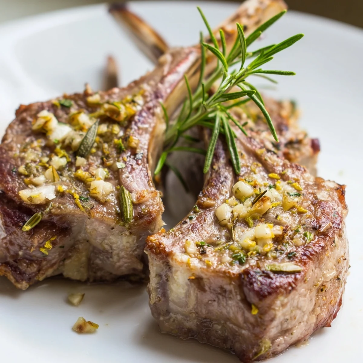 Golden-brown Roasted Lamb Chops with Garlic and Rosemary rest on a platter, garnished with fresh rosemary sprigs and lemon wedges for a bright finish.