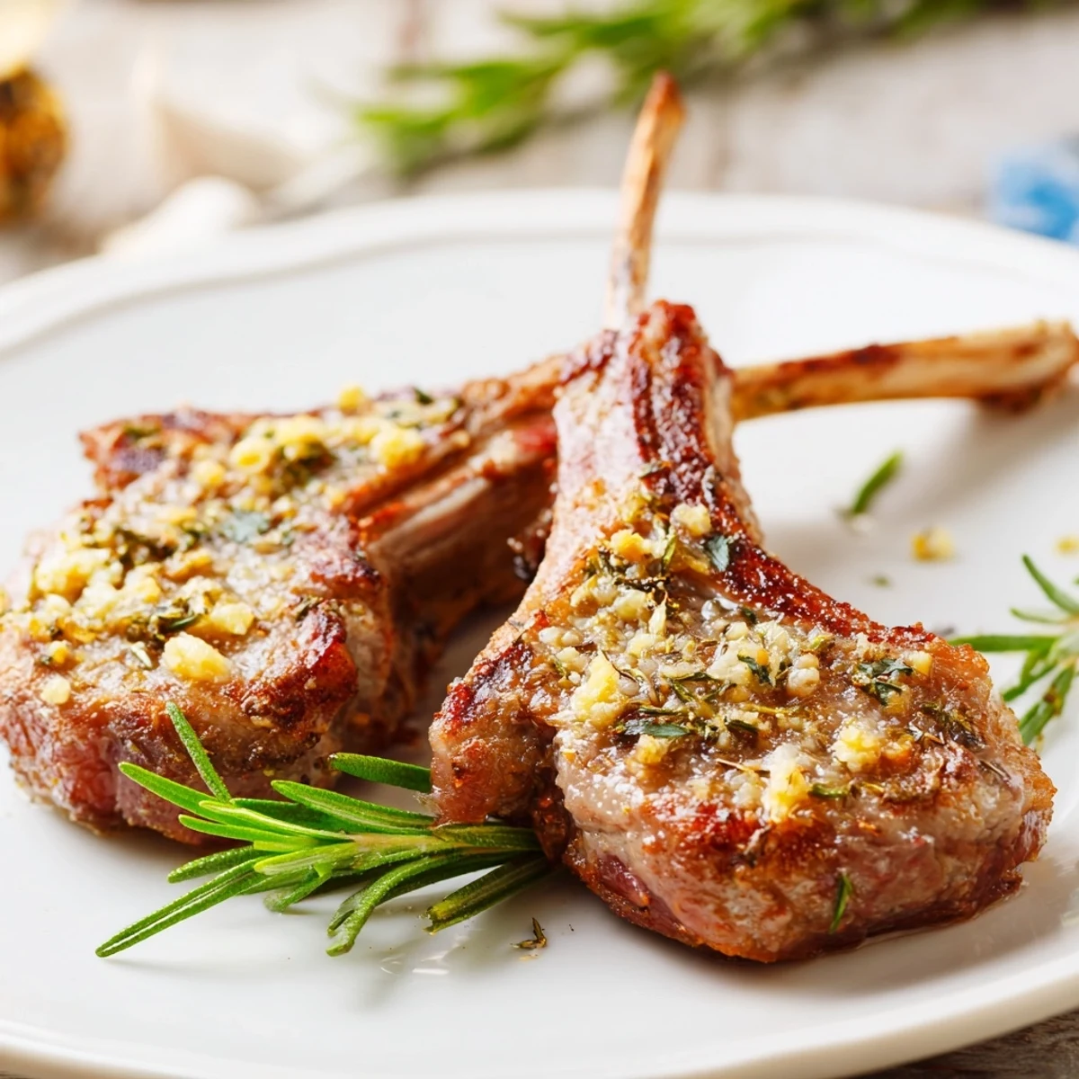 Tender Roasted Lamb Chops with Garlic and Rosemary are served on a white ceramic plate, showcasing a savory crust and fragrant herbs ready for a cozy dinner.