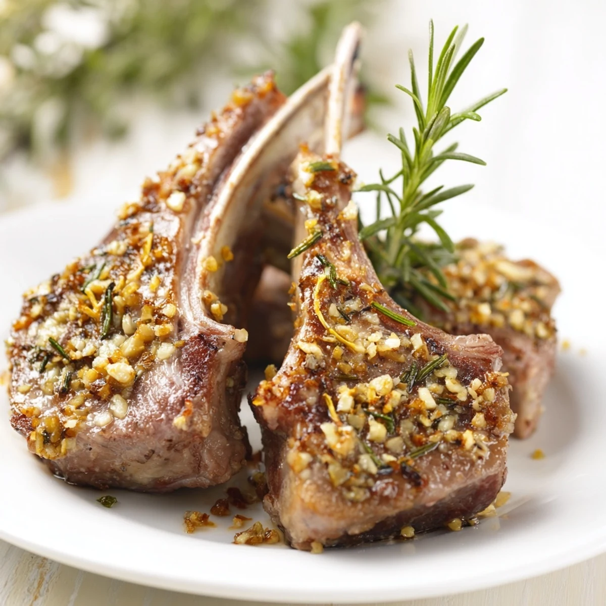 Juicy Roasted Lamb Chops with Garlic and Rosemary sit atop a rustic wooden board, paired with roasted potatoes and a fresh green salad on the side.