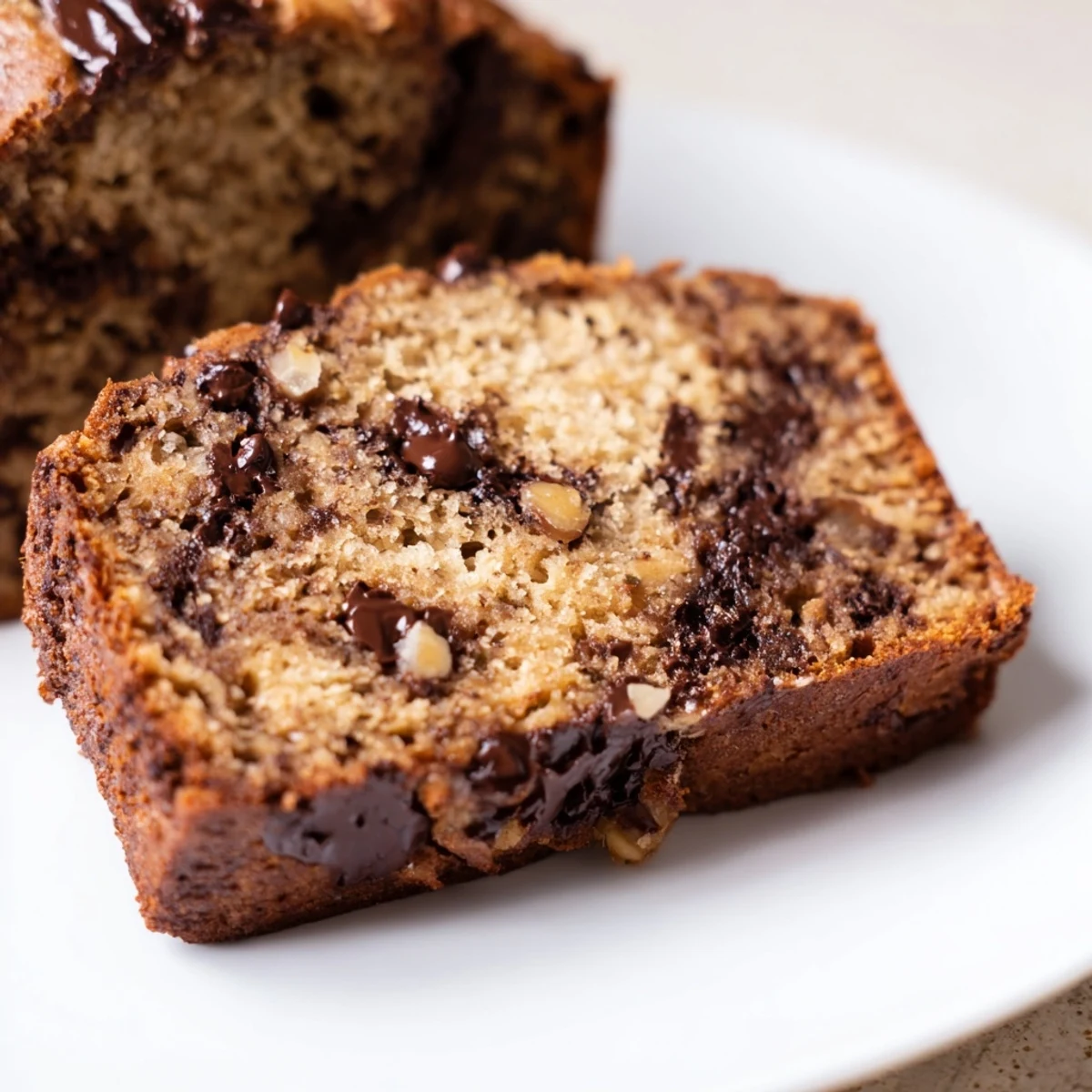 A warm slice of Chocolate Chip Banana Bread Loaf with melted chocolate chips and soft crumb, served on a plate.