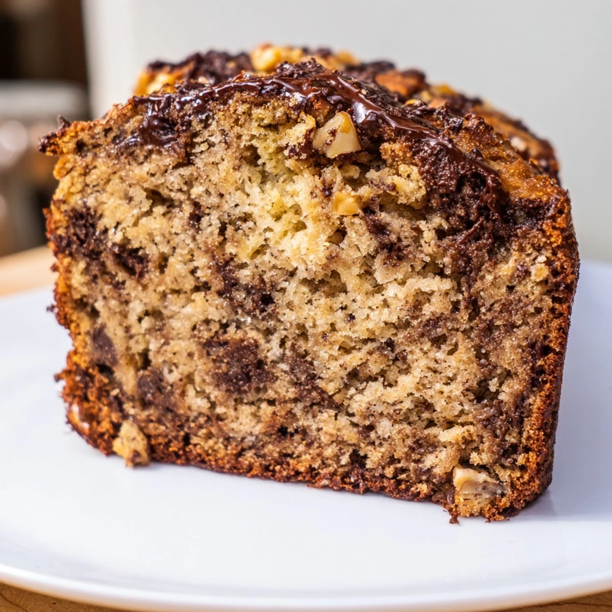 Golden brown Chocolate Chip Banana Bread Loaf cooling on a wire rack with sliced pieces ready for breakfast or snack.