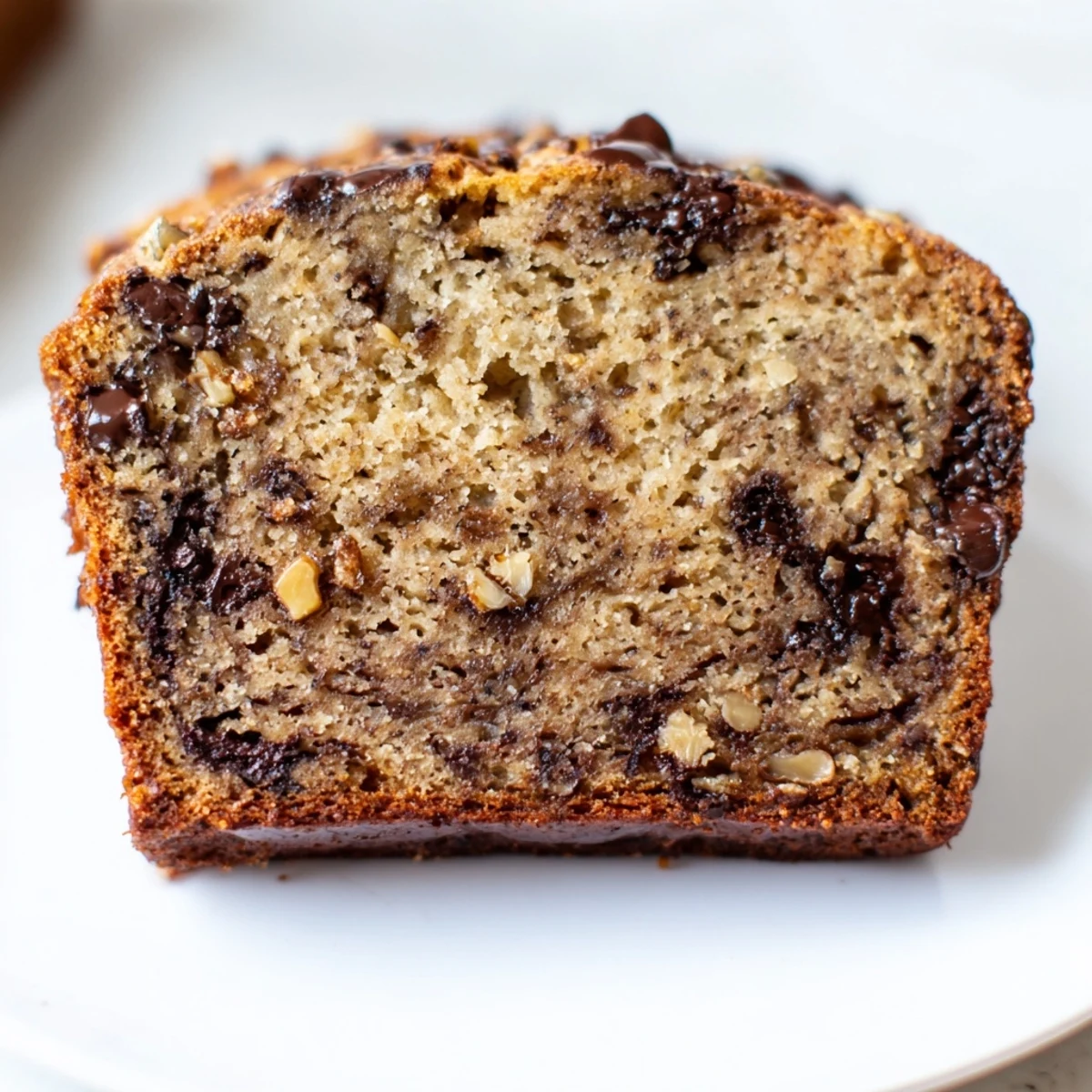 Freshly baked Chocolate Chip Banana Bread Loaf showing a moist interior studded with chocolate chips and optional chopped nuts.