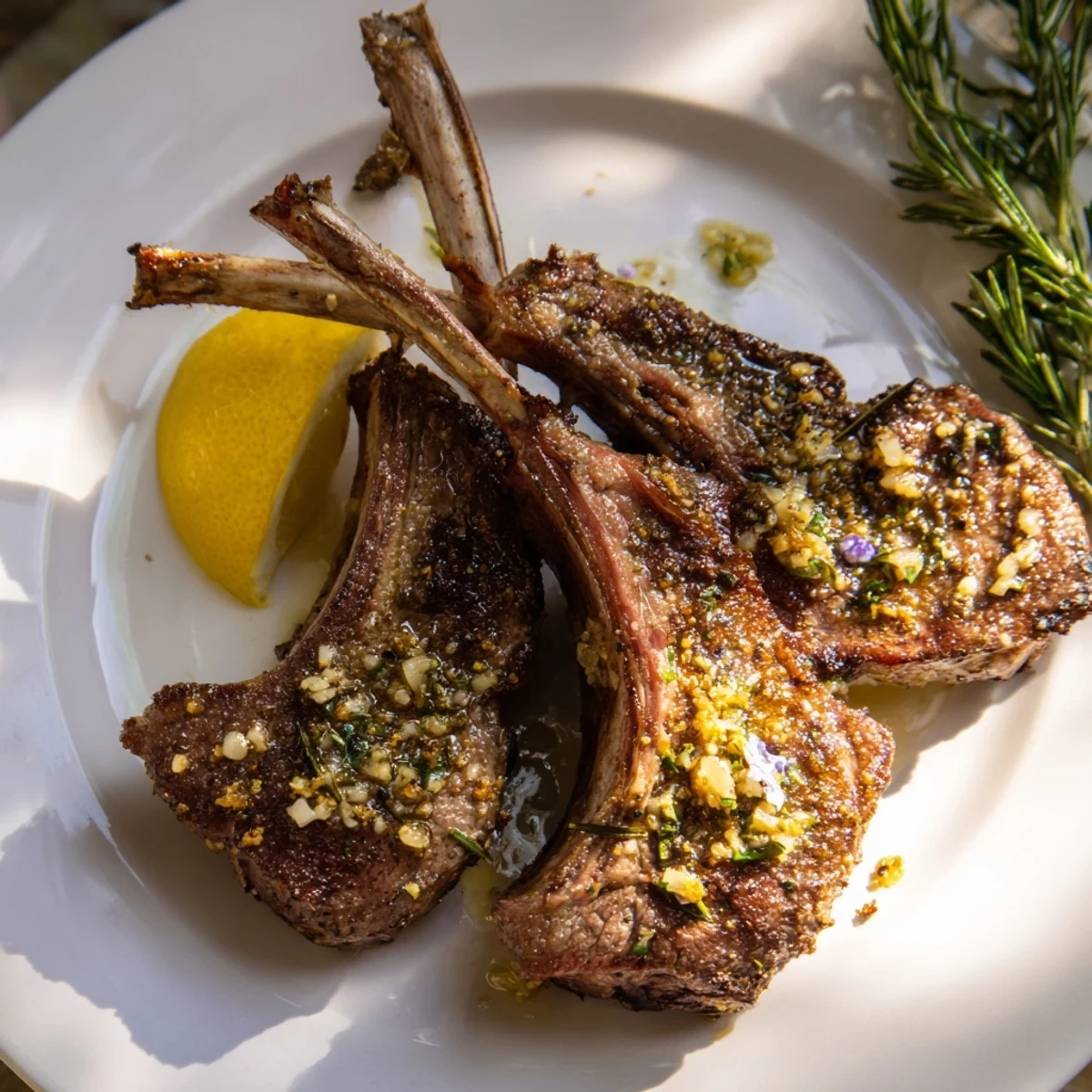 Tender Roasted Lamb Chops with Garlic and Rosemary rest on a platter, their golden crust infused with aromatic herbs for a Mediterranean dinner.
