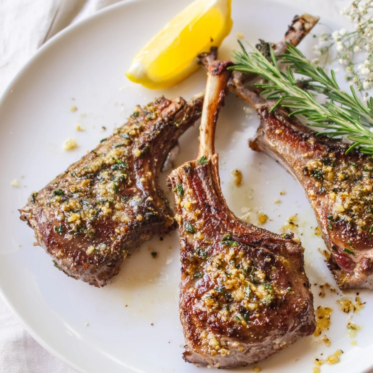 A close-up of Roasted Lamb Chops with Garlic and Rosemary highlights juicy pink centers, fragrant rosemary sprigs, and melted garlic butter on top.