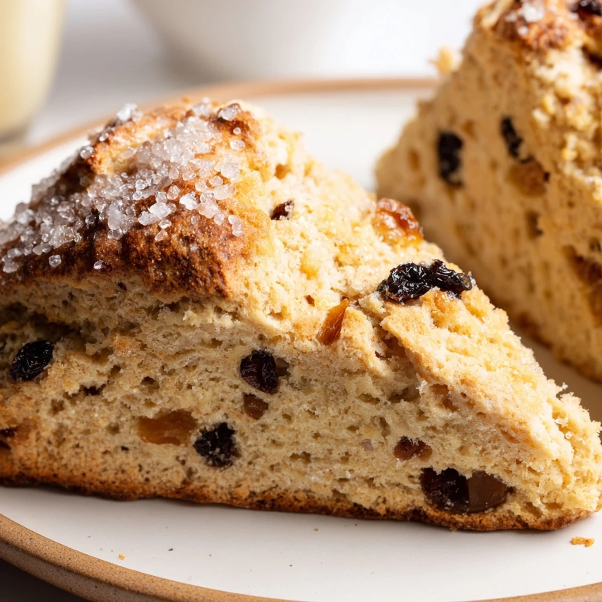 Freshly baked Irish Soda Bread Scones with Currants on a rustic wooden board, ready for breakfast.  