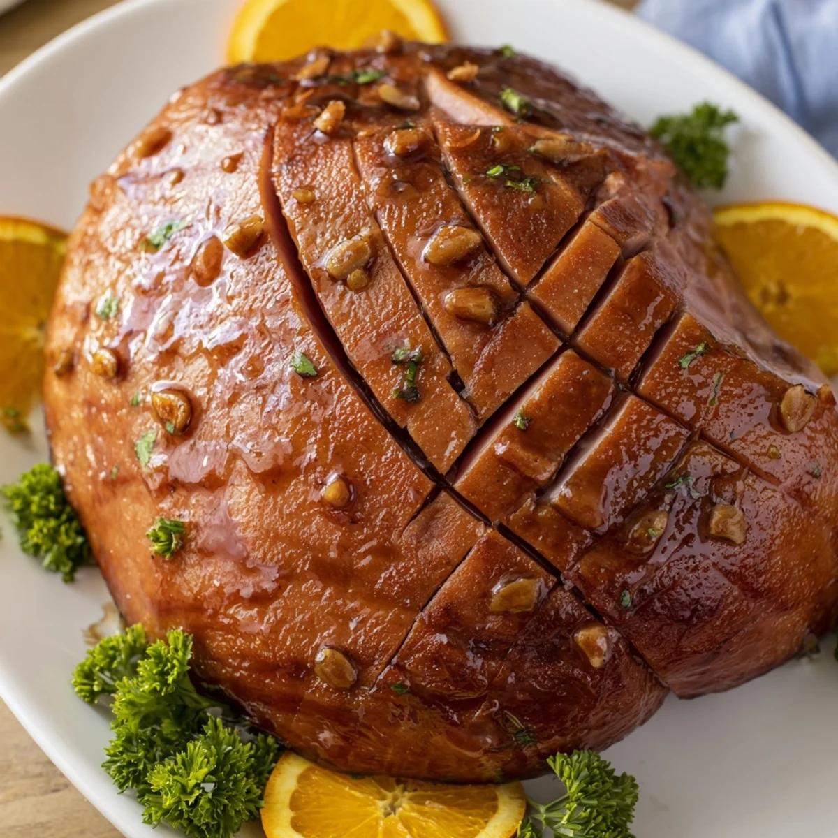 Golden-brown Easter Turkey Ham Roast glistening with a sweet honey glaze on a festive platter with orange slices and parsley.