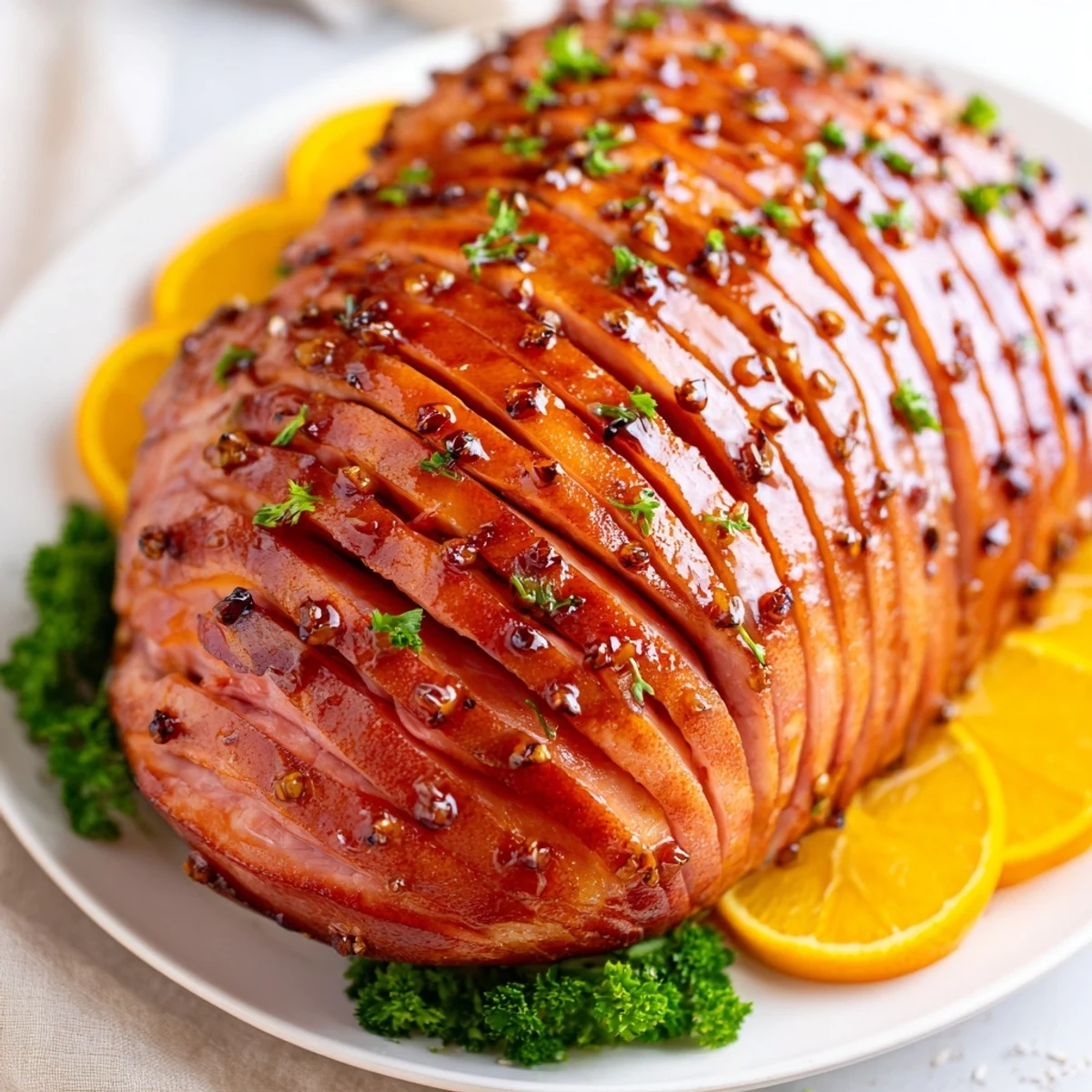 A juicy slice of Easter Turkey Ham Roast reveals tender meat with caramelized edges and herbs beside a glass of white wine.