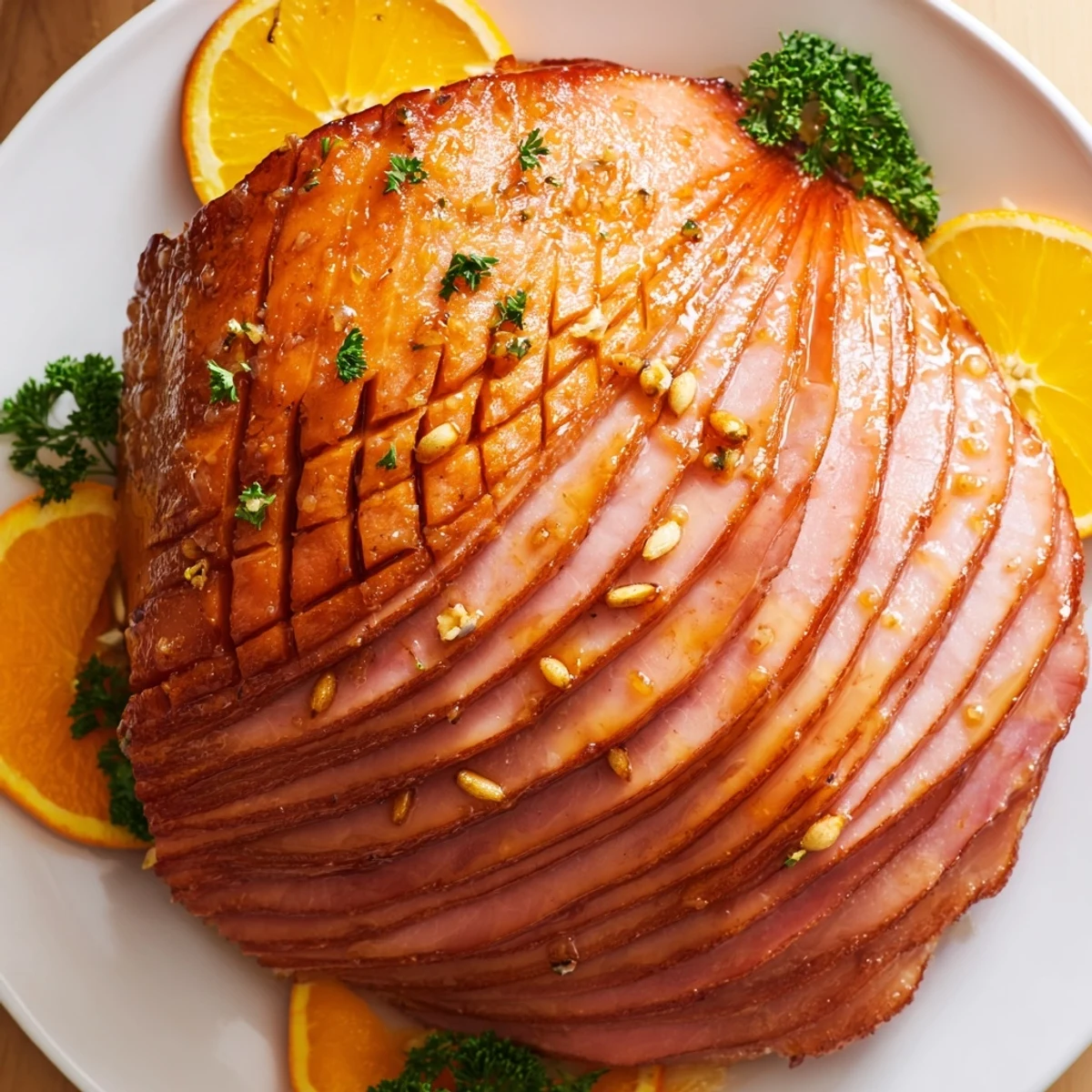 Perfectly glazed Easter Turkey Ham Roast served warm with a side of roasted vegetables for an American Easter celebration dinner.