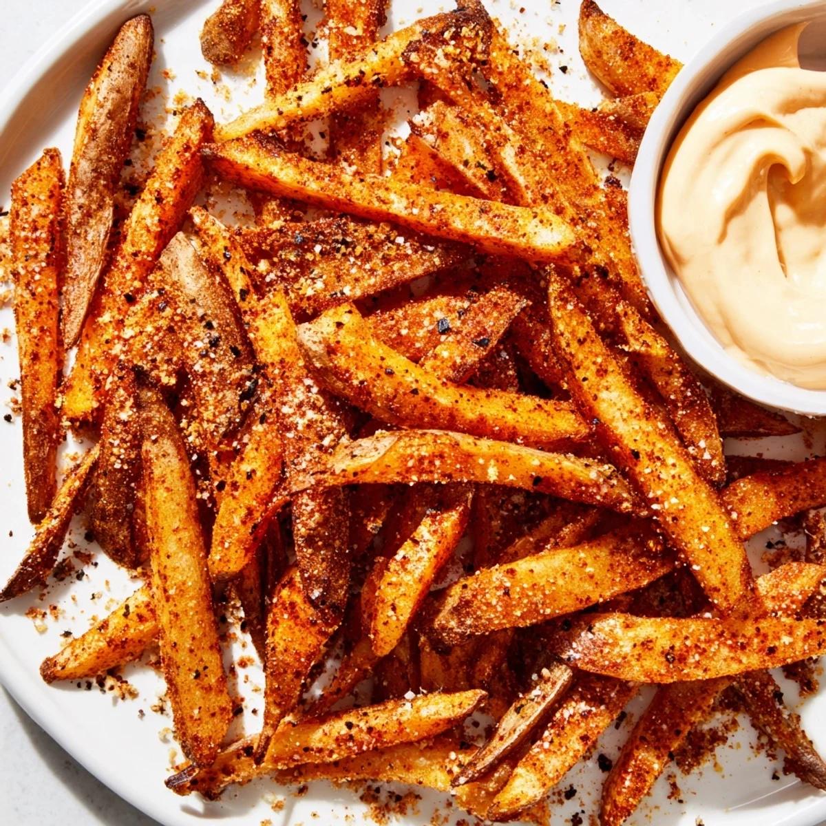 Golden crispy Cajun Spiced Fries piled high on a rustic plate beside a small ramekin of creamy spicy mayo.