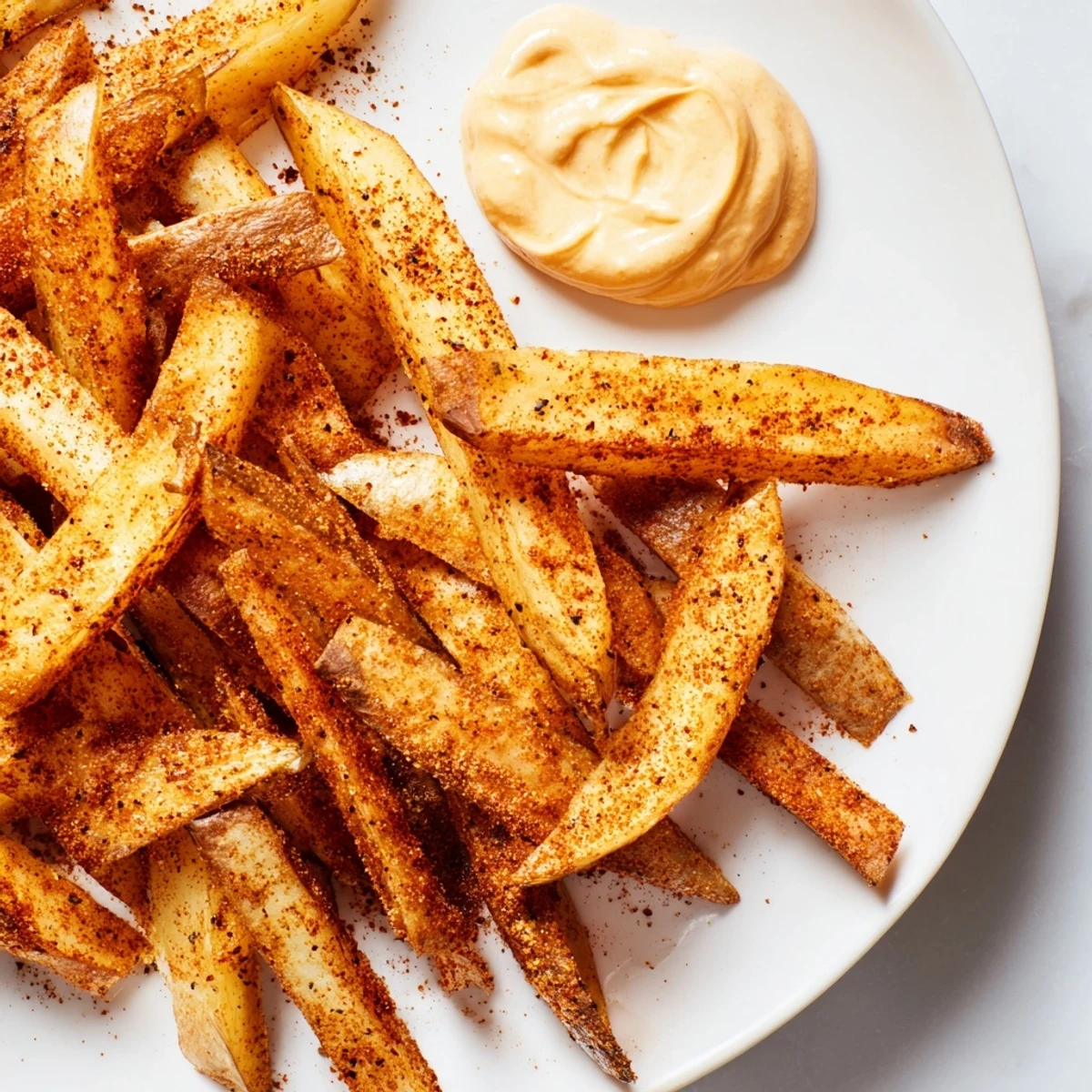 Freshly baked Cajun Spiced Fries with visible herbs and spices, ready to be dunked into tangy dipping sauce.