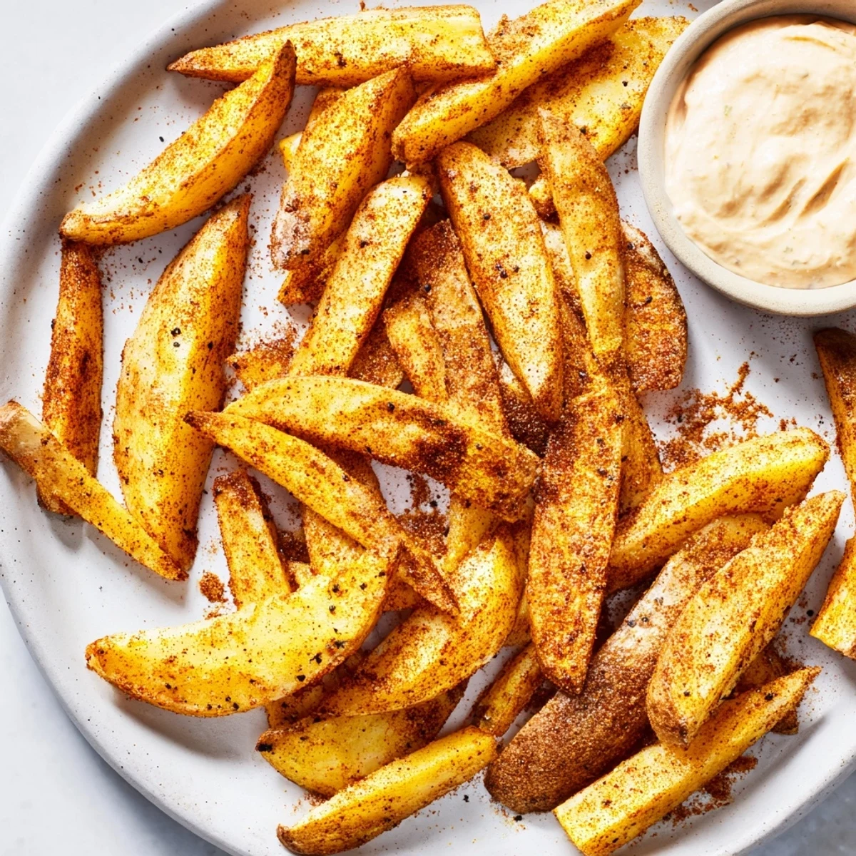 A close-up view of golden Cajun Spiced Fries showcasing their crunch, accompanied by a bowl of spicy mayo.
