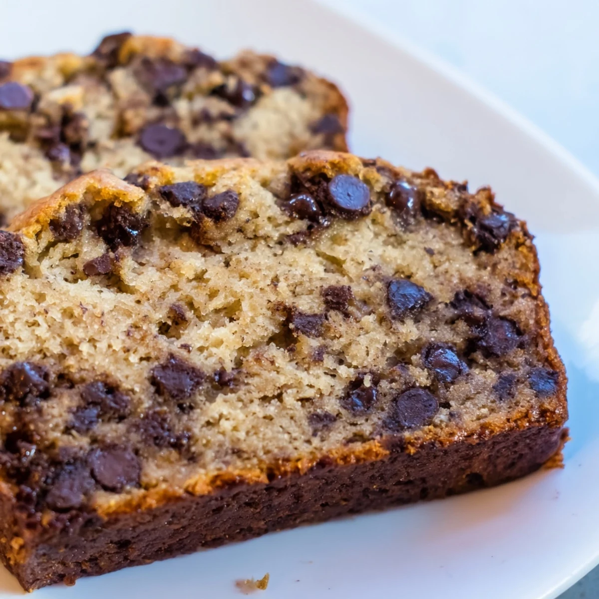 Freshly baked Chocolate Chip Banana Bread slices sit on a wooden board, revealing moist crumbs and melty chocolate chips for a comforting homemade snack.