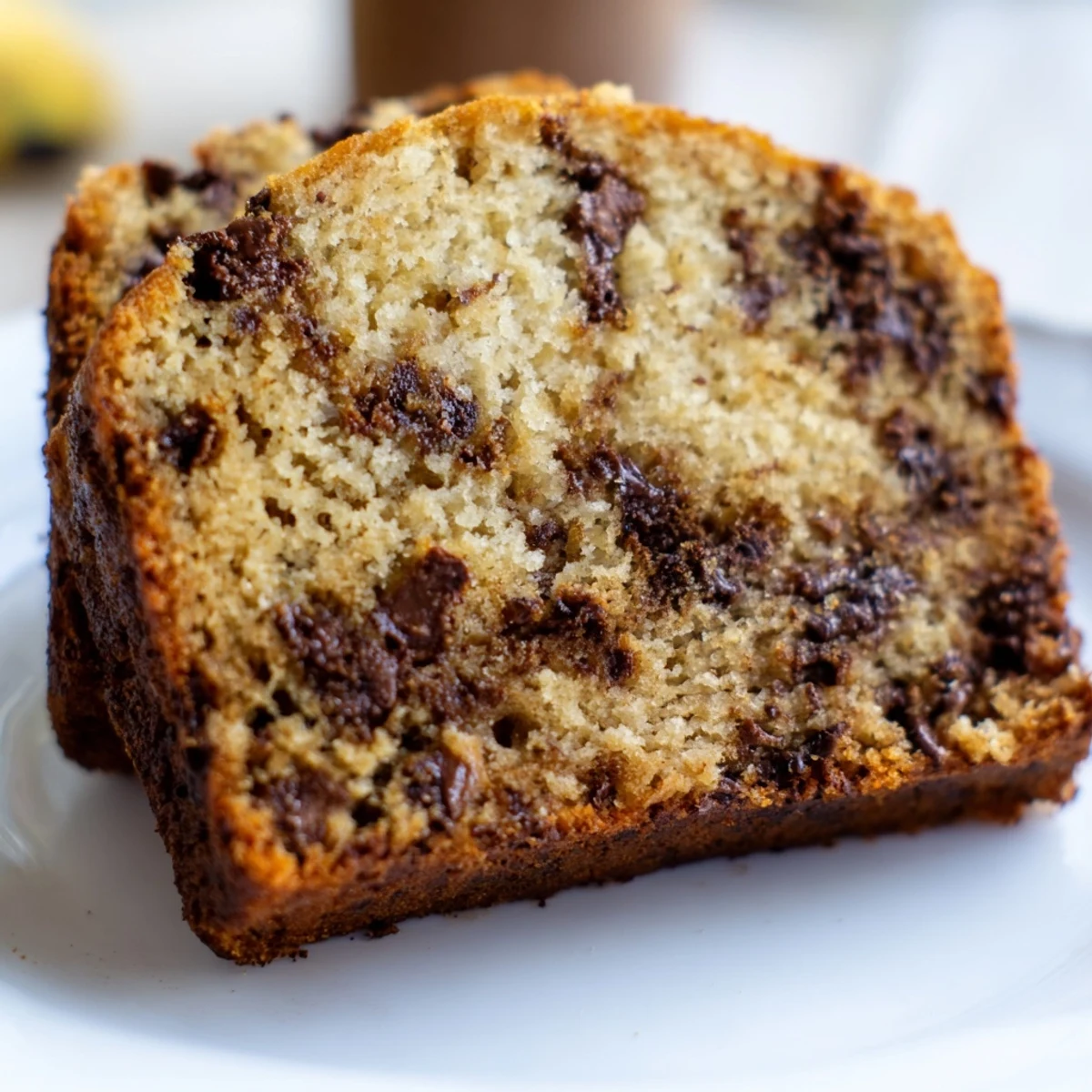 A close-up view shows the golden-brown top of Chocolate Chip Banana Bread studded with semi-sweet chips, ready to be served warm for breakfast.