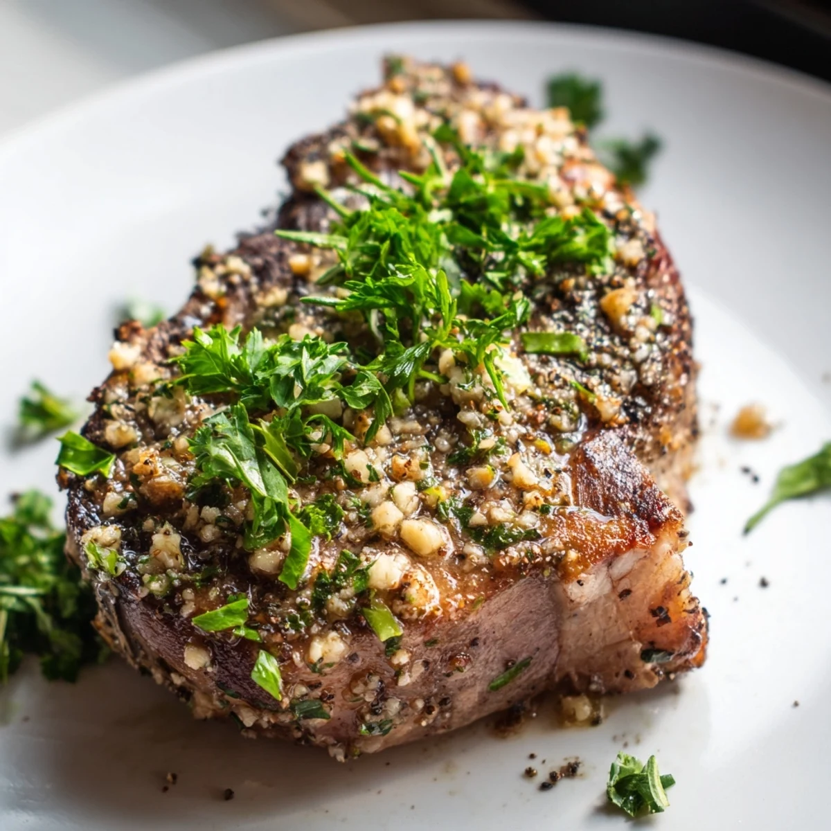 Juicy Roasted Lamb Chops with Garlic resting beside lemon wedges and fresh parsley garnish.