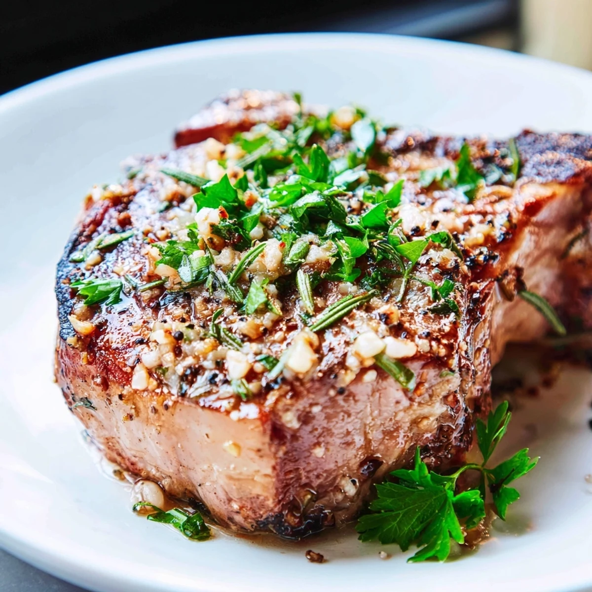 Freshly roasted lamb chops with garlic and herbs sizzling in a cast iron skillet, steam rising.